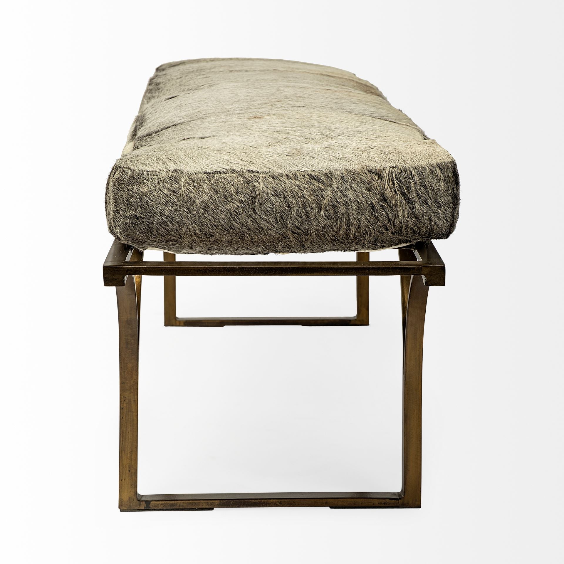 Jessie 55L x 16W White/Gray Hair - On - Hide Seat W/Gold Metal Base Accent Bench - Central Designs