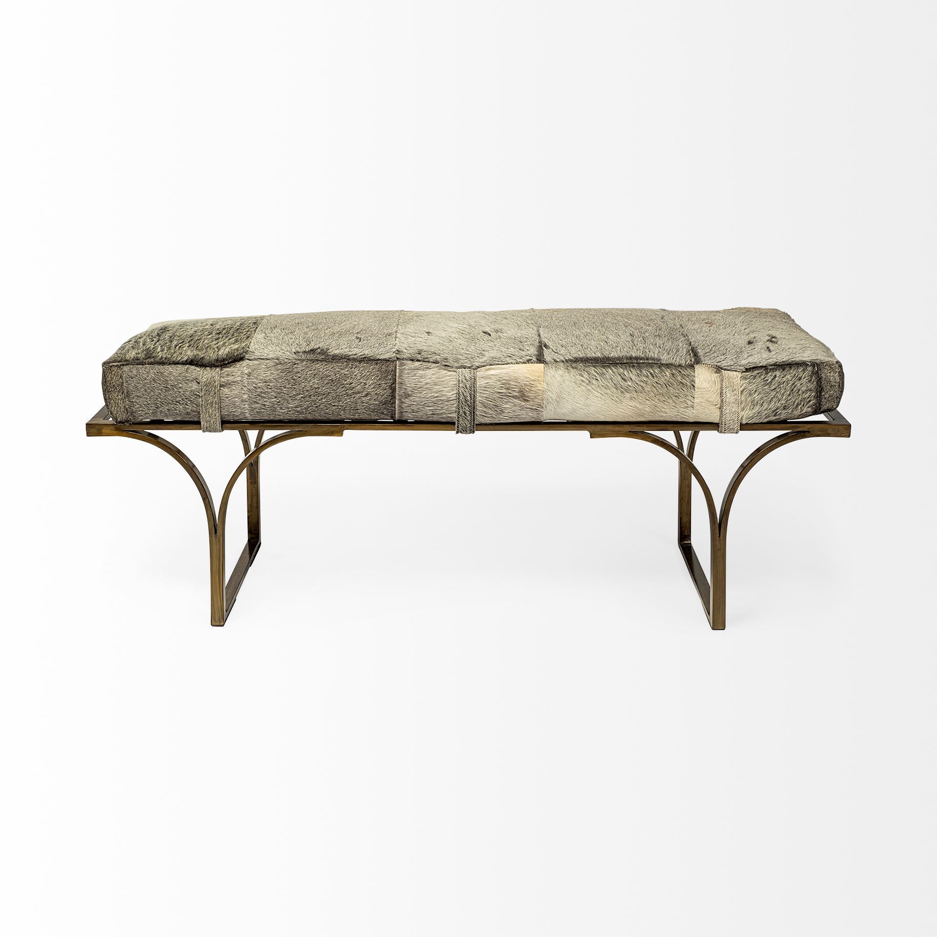 Jessie 55L x 16W White/Gray Hair - On - Hide Seat W/Gold Metal Base Accent Bench - Central Designs