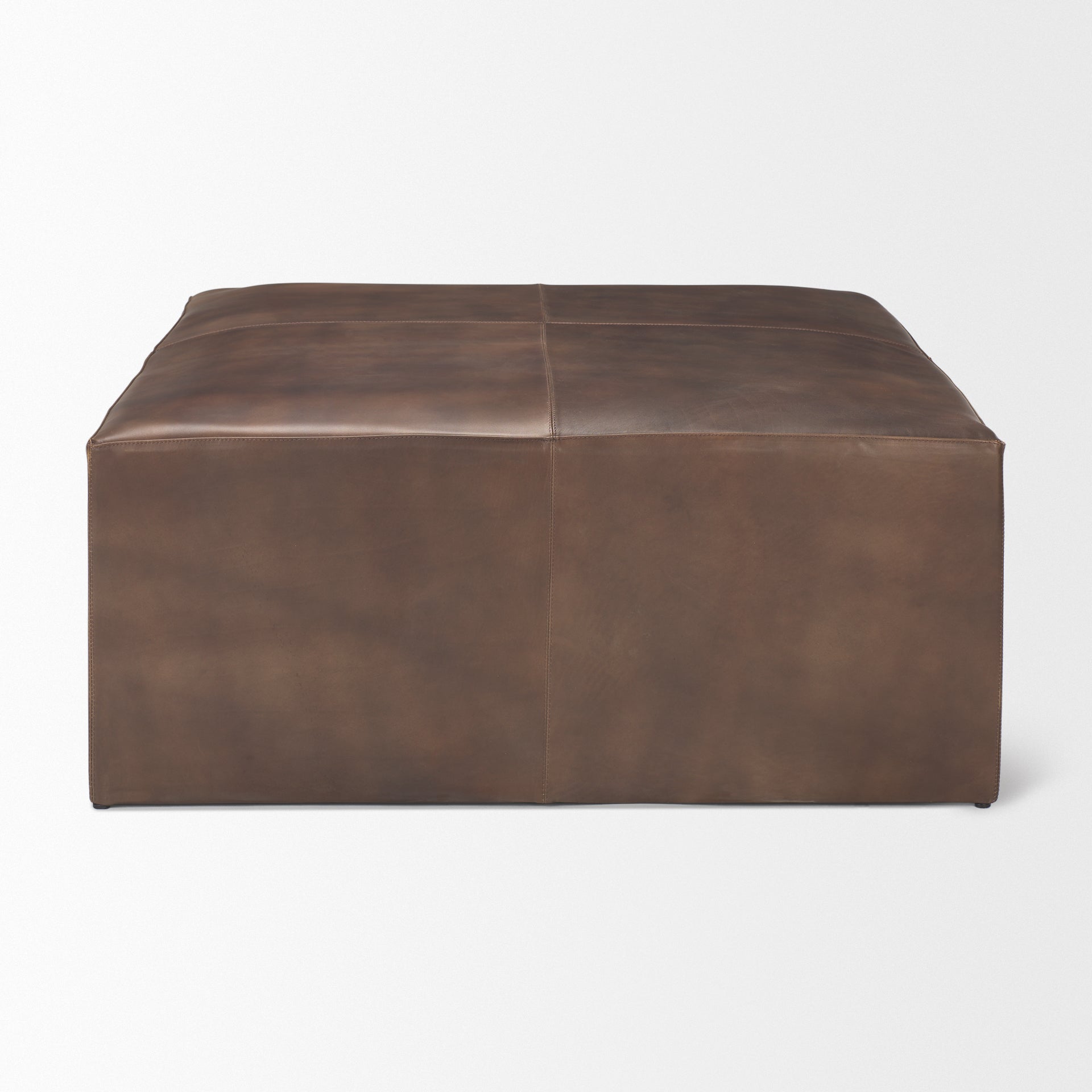 Minara 36" Square Brown Leather Wrapped w/Wood Base Ottoman - Central Designs