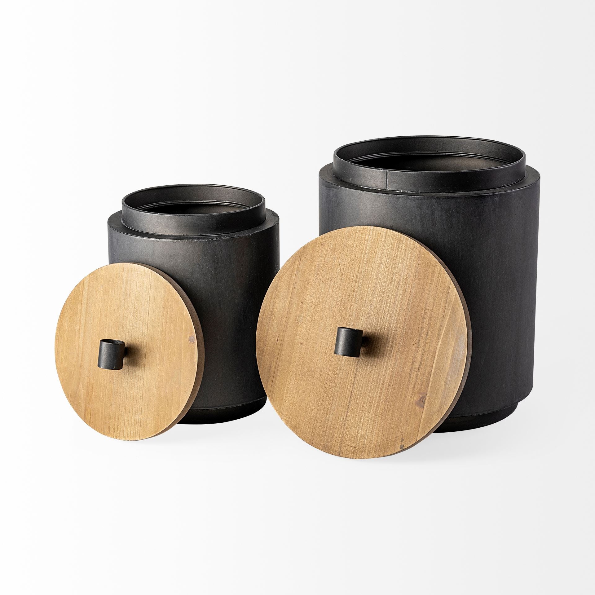 Cyril (Set of 2) Gray Metal W/ Brown Wood Lids Jars - Central Designs