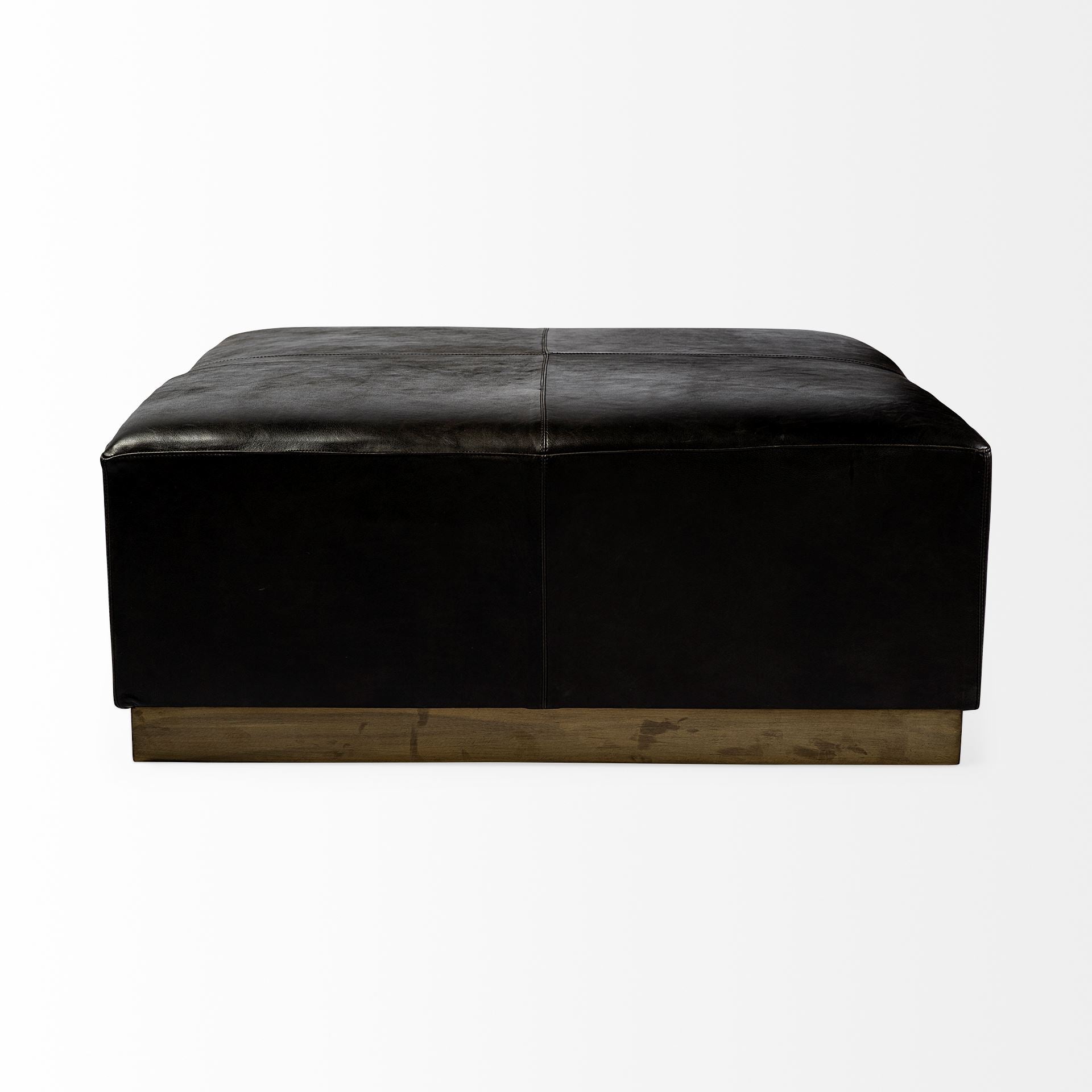 Minara 36" Square Black Leather Wrapped w/Metal Base Ottoman - Central Designs