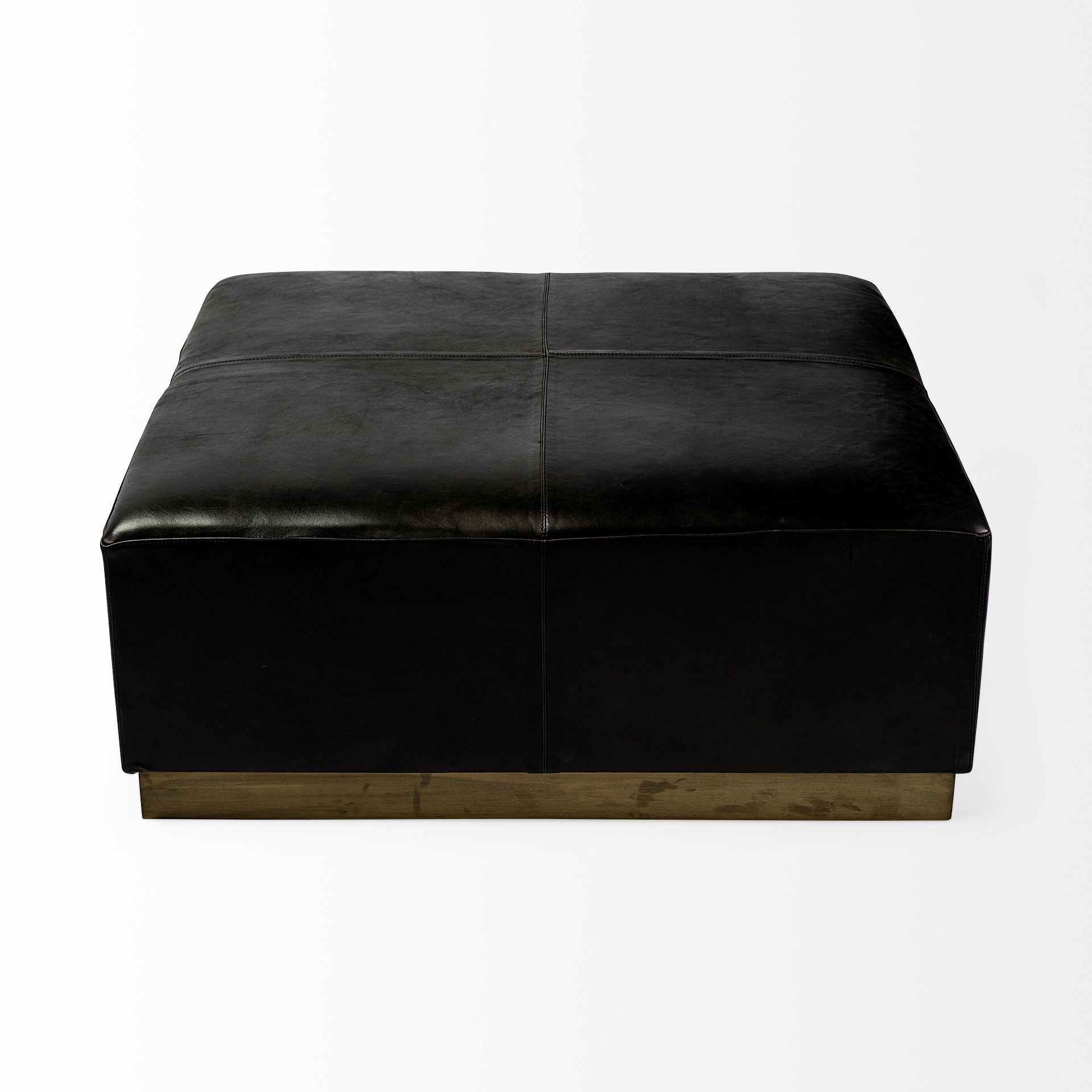Minara 36" Square Black Leather Wrapped w/Metal Base Ottoman - Central Designs