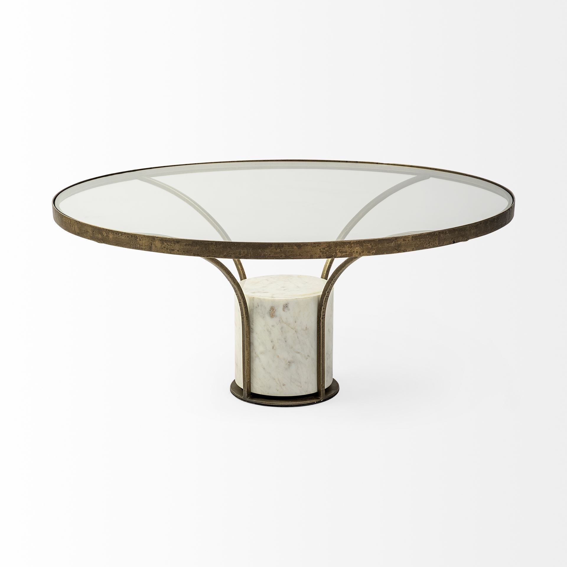 Jacinta 36" Round Glass Top Metal and Marble Pedestal Coffee Table - Central Designs