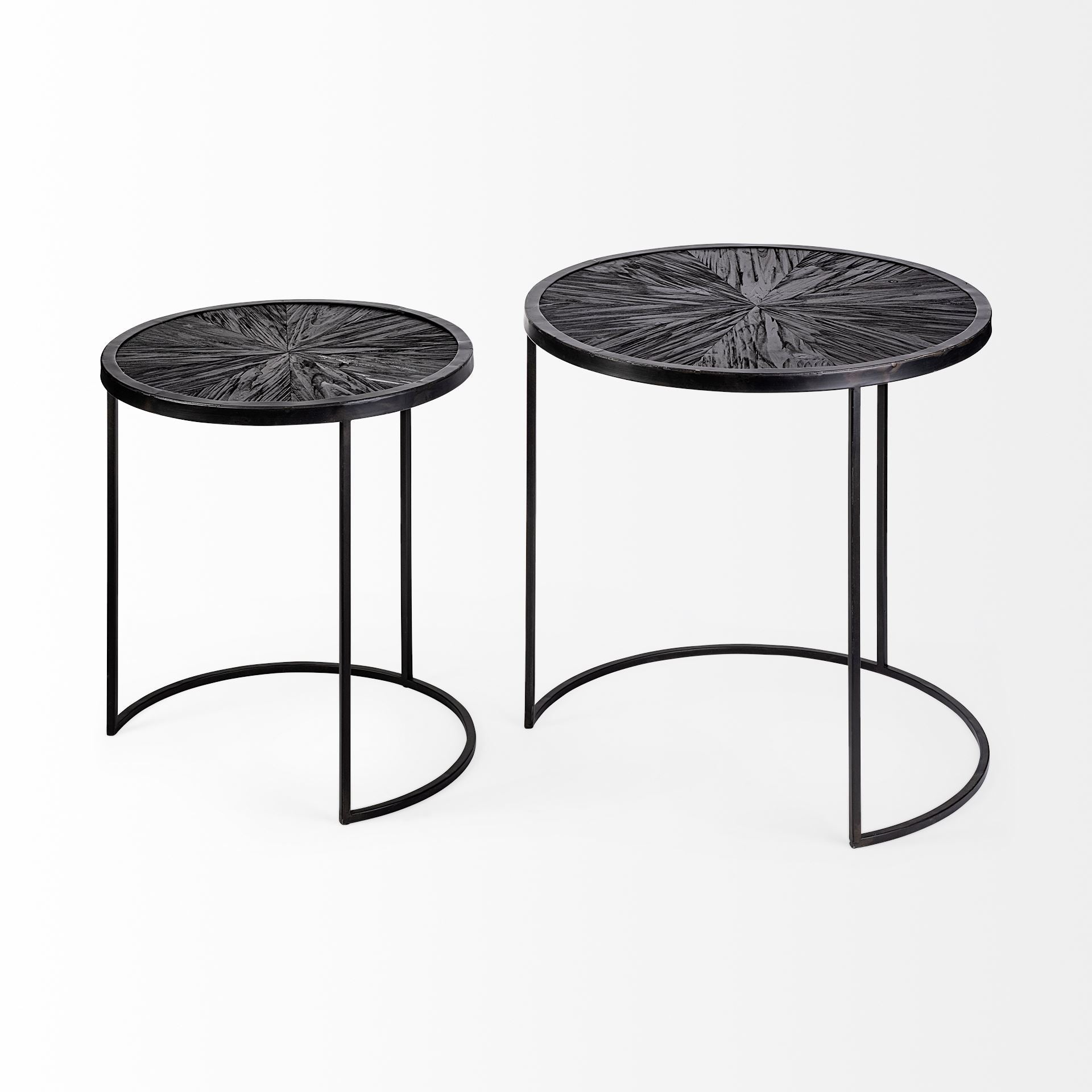 Chakra 19.7" Set of Two Round Dark Wood Top Black Frame Accent Tables - Central Designs