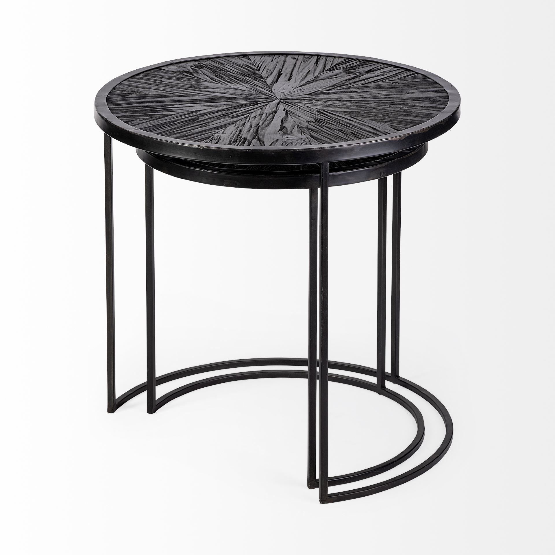 Chakra 19.7" Set of Two Round Dark Wood Top Black Frame Accent Tables - Central Designs