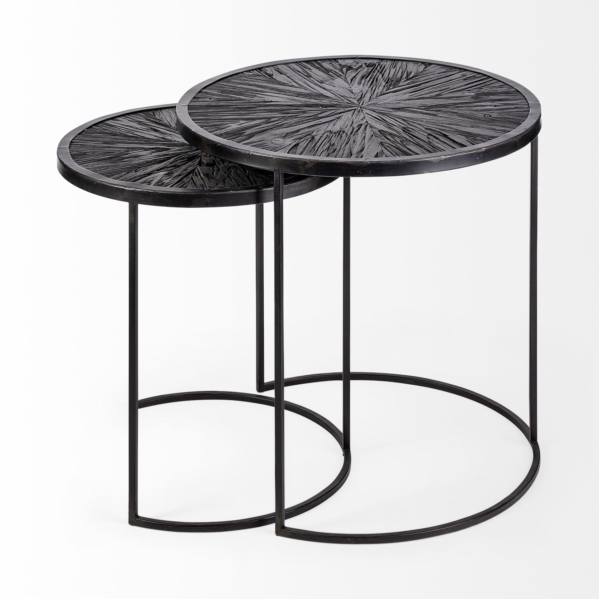 Chakra 19.7" Set of Two Round Dark Wood Top Black Frame Accent Tables - Central Designs