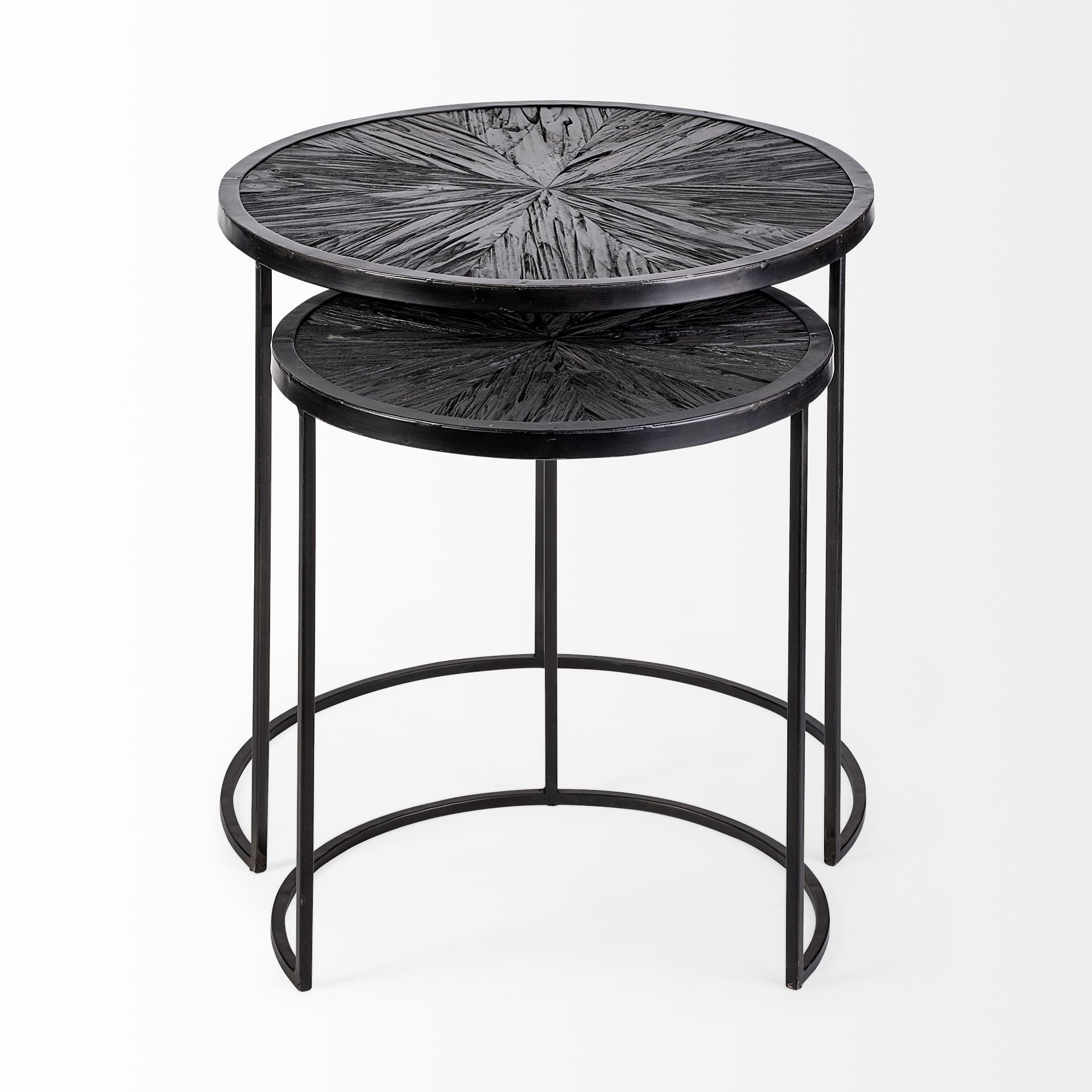 Chakra 19.7" Set of Two Round Dark Wood Top Black Frame Accent Tables - Central Designs