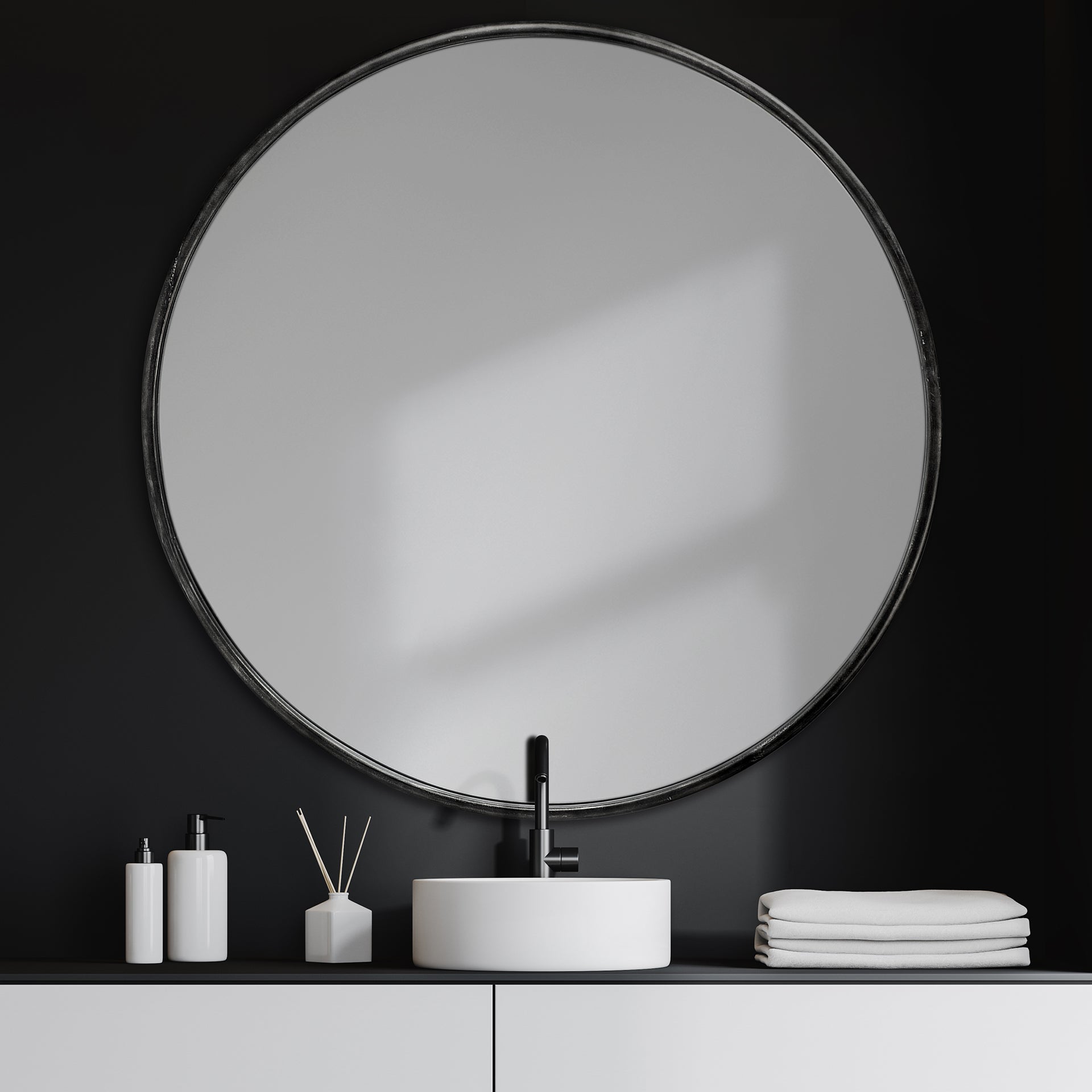 Piper 47.2L x 1.0W x 47.2H Large Black Metal Round Wall Mirror - Central Designs