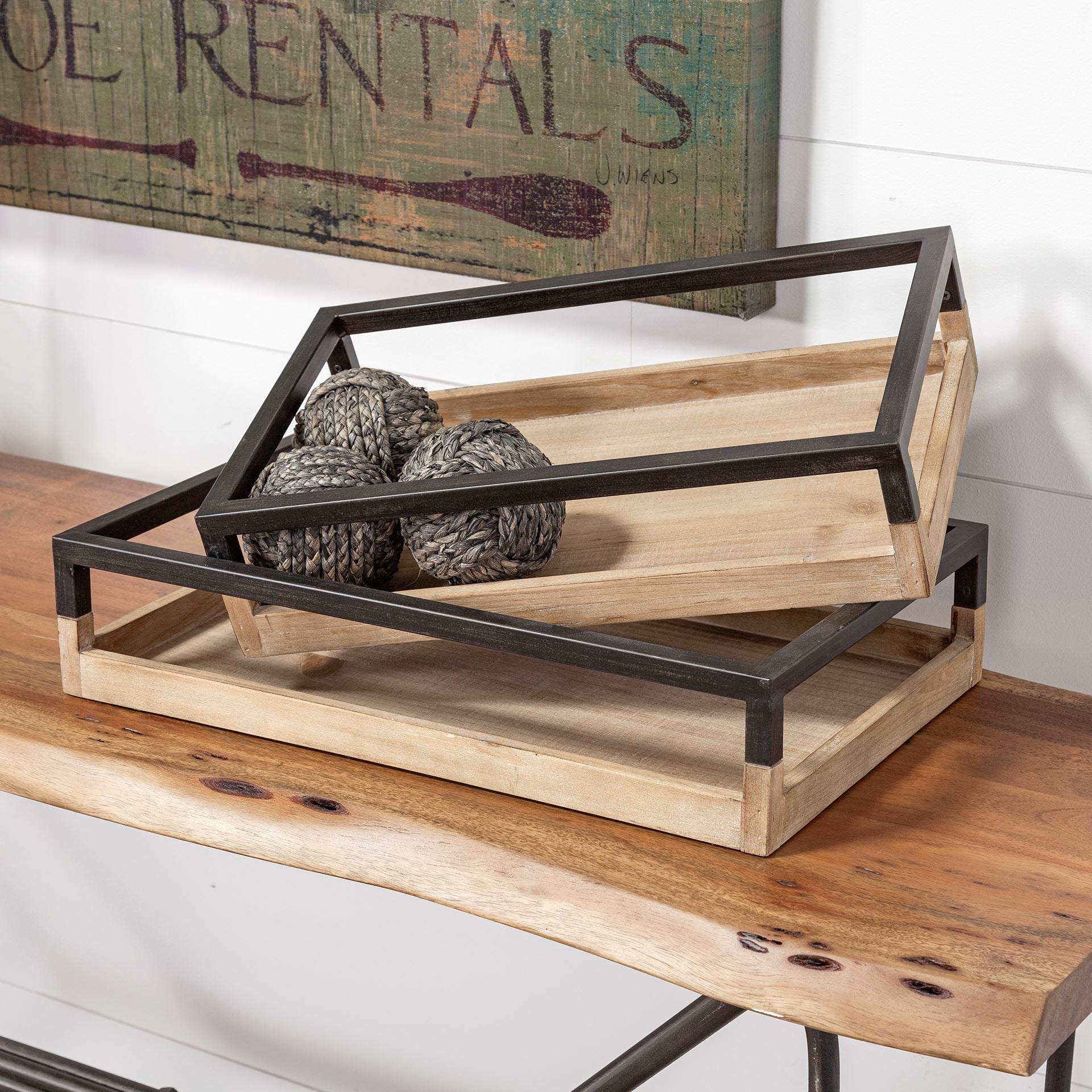 Ross Set of 2 Natural Wood W/ Black Metal Nesting Trays - Central Designs