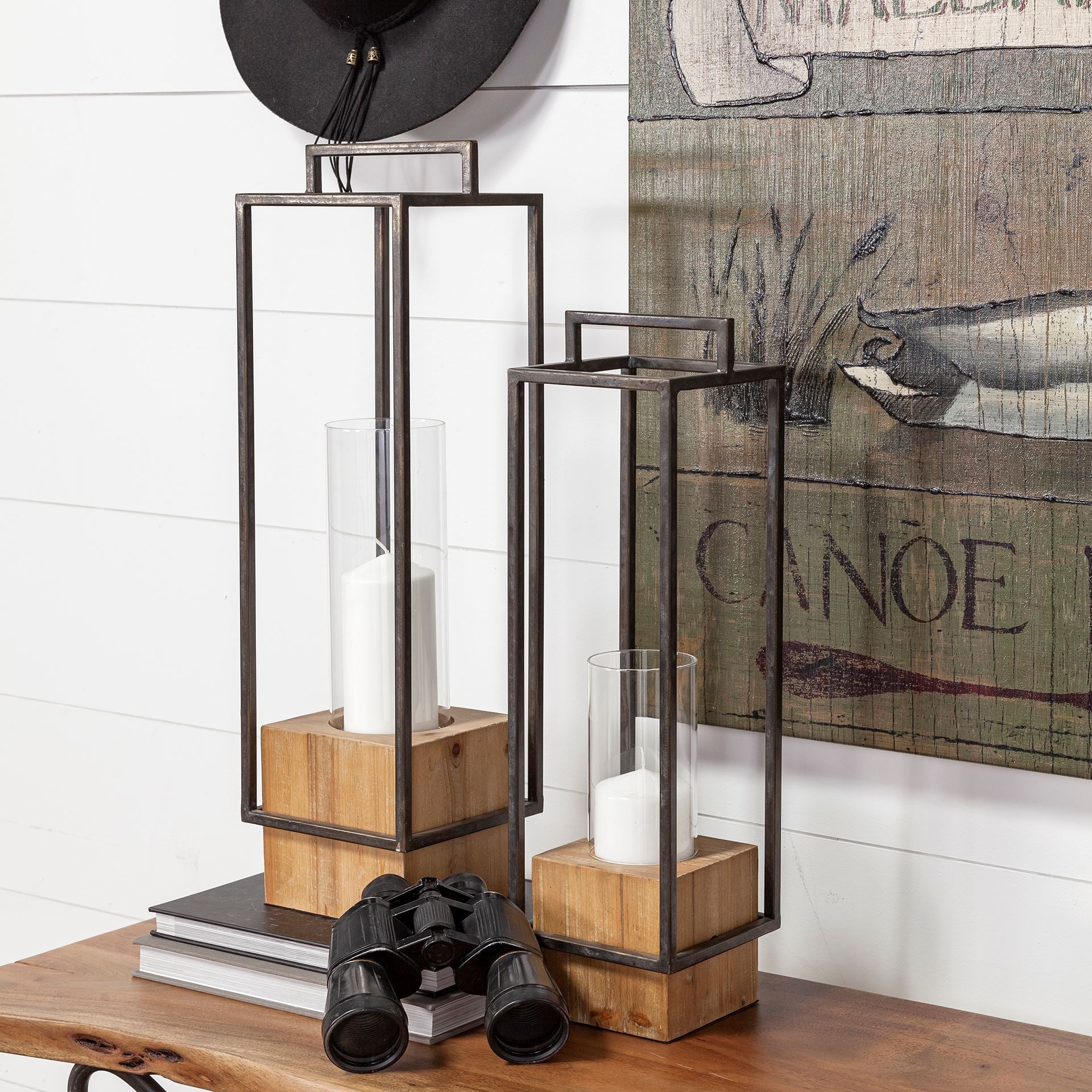 Orionis Large Wood w/ Black Metal Lantern Candle Holder - Central Designs