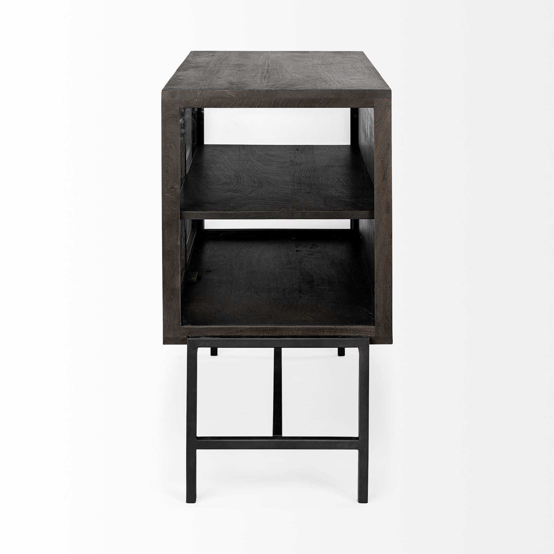 Arelius 36L x 18W Black - Brown Wood, Black Metal Base w/ 2 Glass Doors Accent Cabinet - Central Designs
