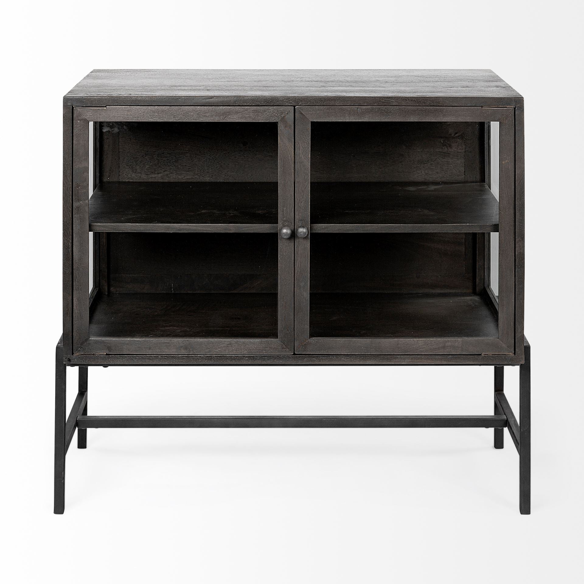 Arelius 36L x 18W Black - Brown Wood, Black Metal Base w/ 2 Glass Doors Accent Cabinet - Central Designs
