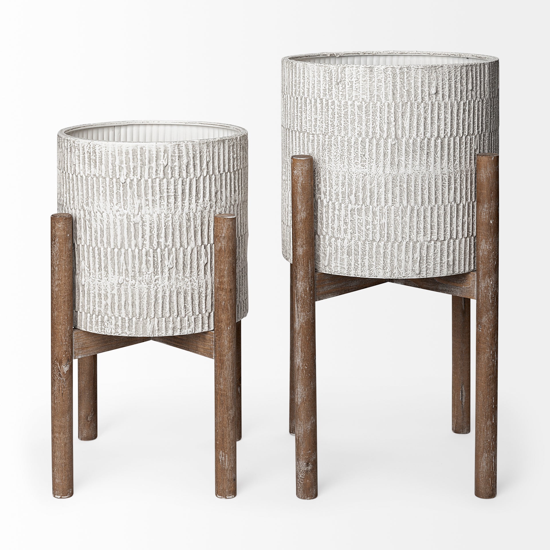 Groot Set of Two 11.8 x 23 Eggshell Ceramic Wooden Base Plant Stands - Central Designs