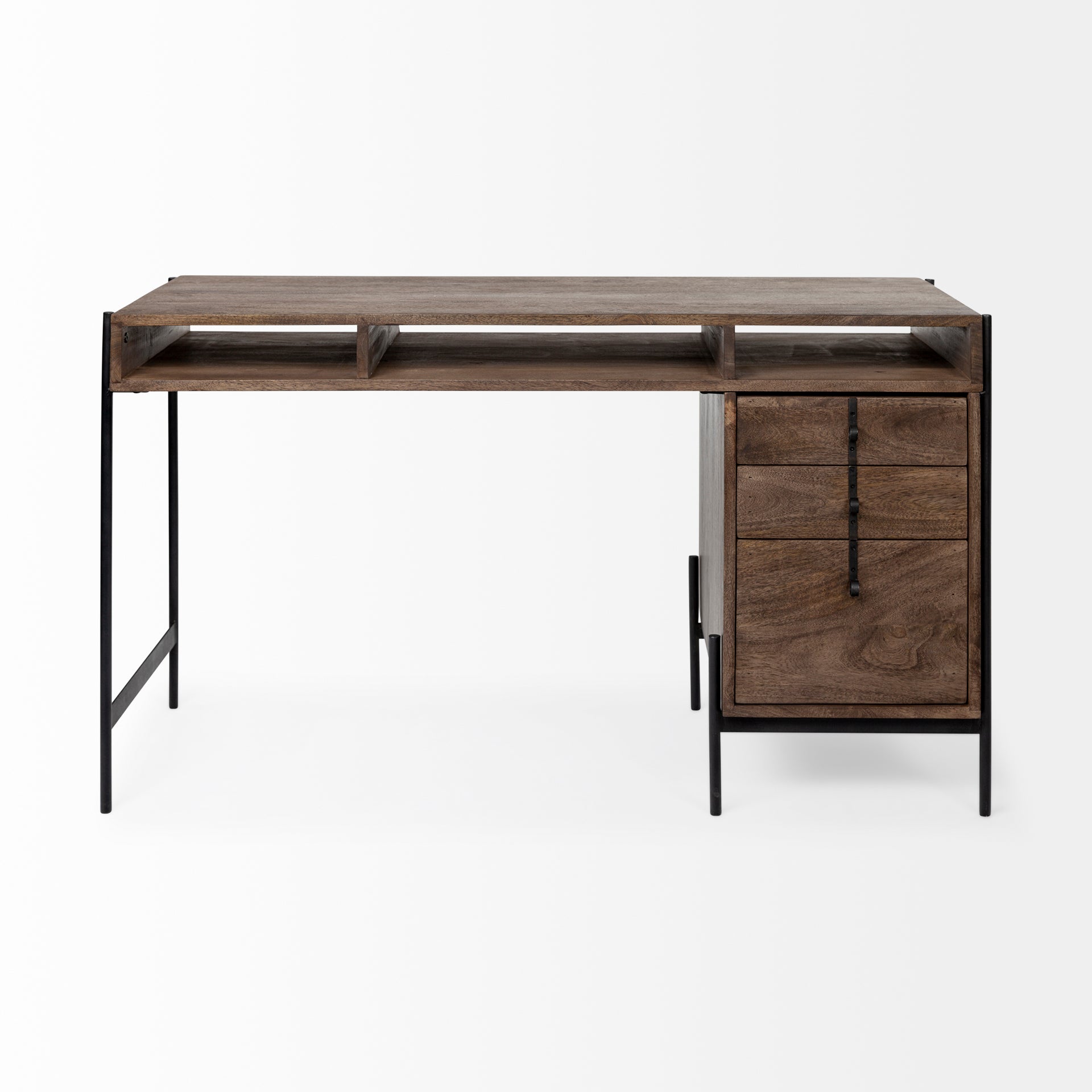 Glenn VII 56L x 22W Dark Brown Wood w/ Black Iron Frame, 3 Drawer Office Desk - Central Designs