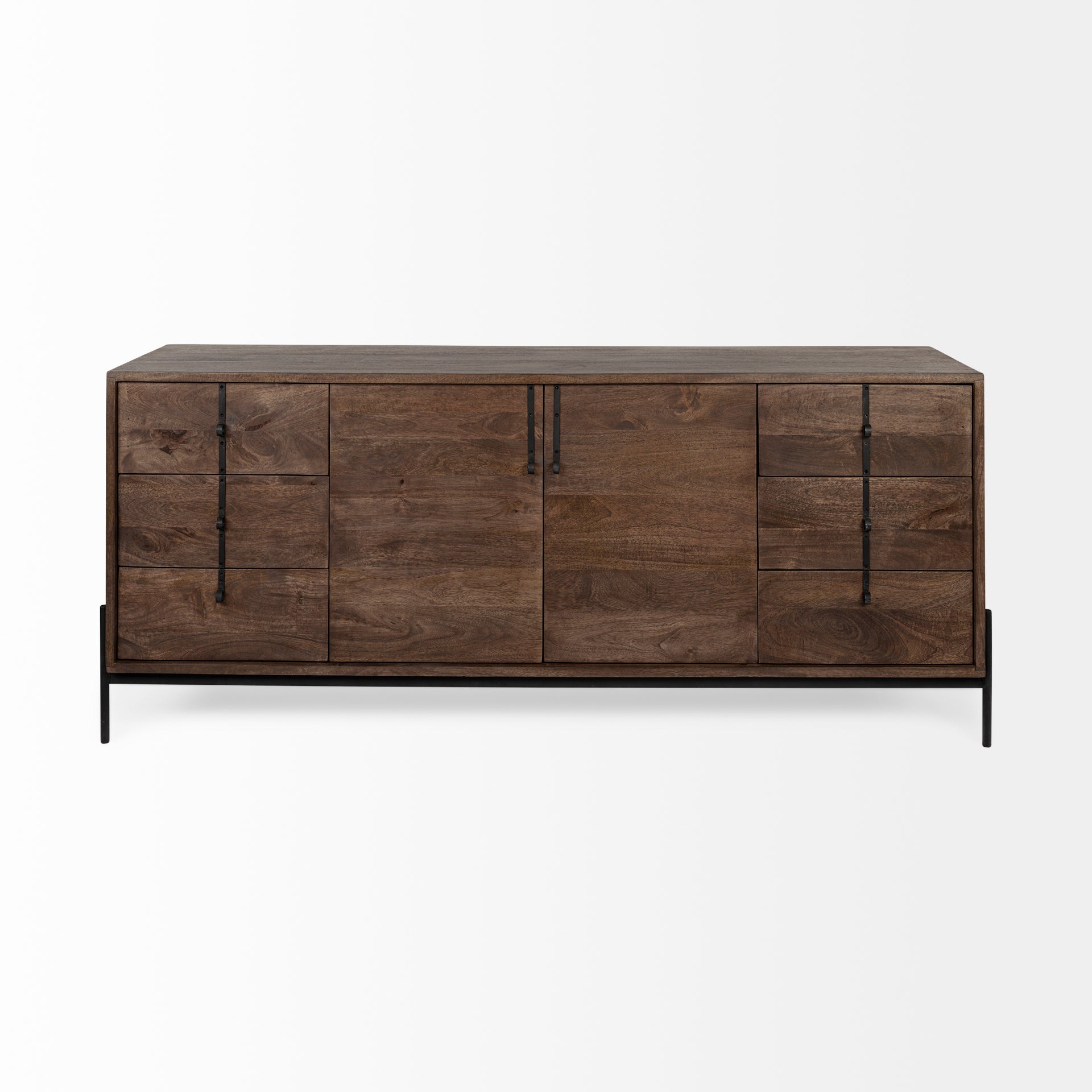 Glenn VI 71.5x18 Dark Brown Wood Frame w/ Black Iron Accent, 6 Drawer, 2 Door Cabinet Sideboard - Central Designs