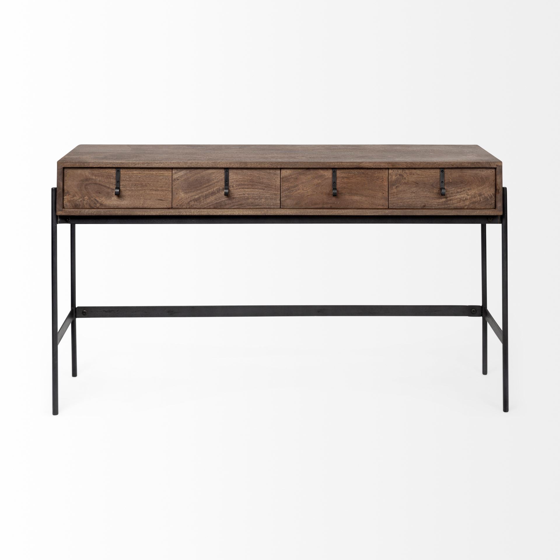 Glenn III 56L x 14W Dark Brown Wood w/ Black Iron Frame, 4 Drawer Console Table - Central Designs