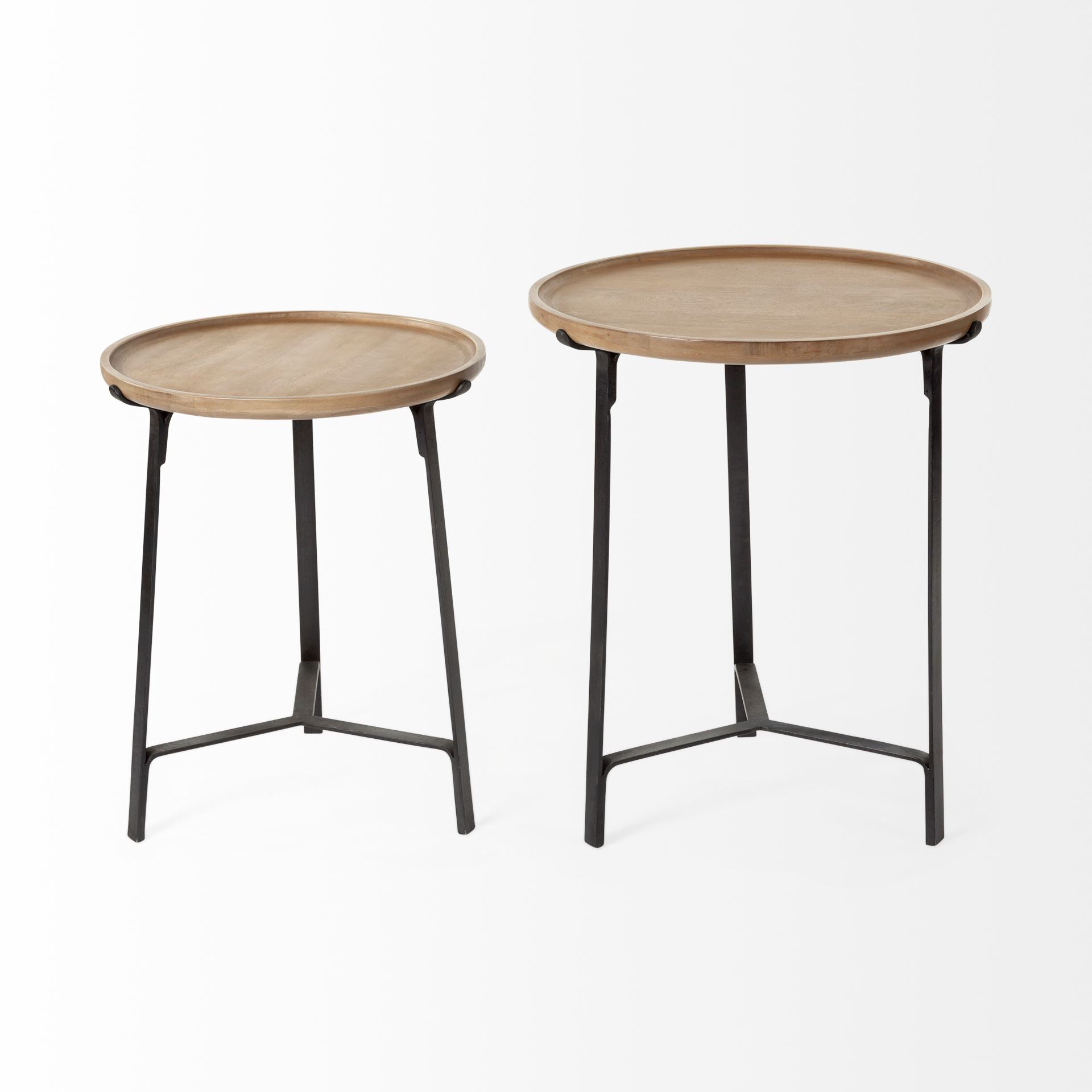 Helios III 20L x 24H Set of Two Round Brown Solid Wood Iron Base Nesting End/Side Tables - Central Designs