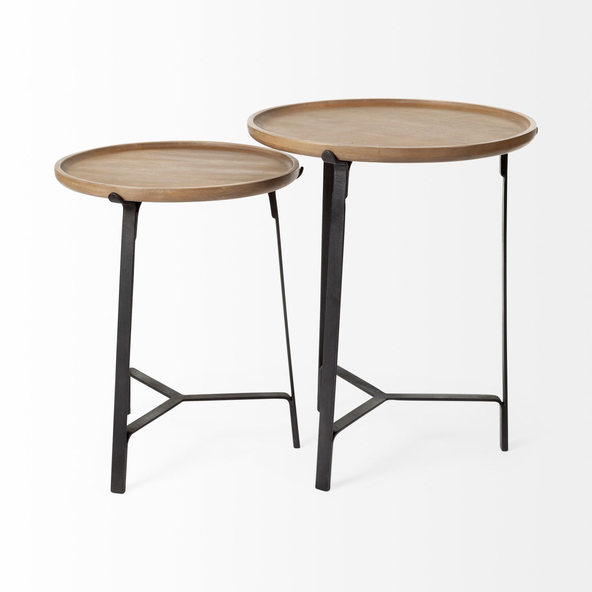 Helios III 20L x 24H Set of Two Round Brown Solid Wood Iron Base Nesting End/Side Tables - Central Designs