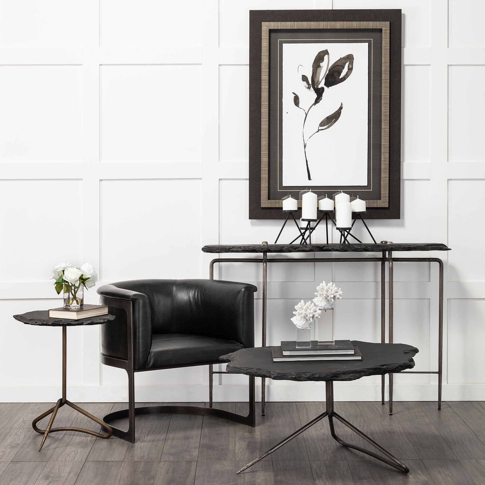 Pinera 37"x33" Black Slate With Iron Base Coffee Table - Central Designs