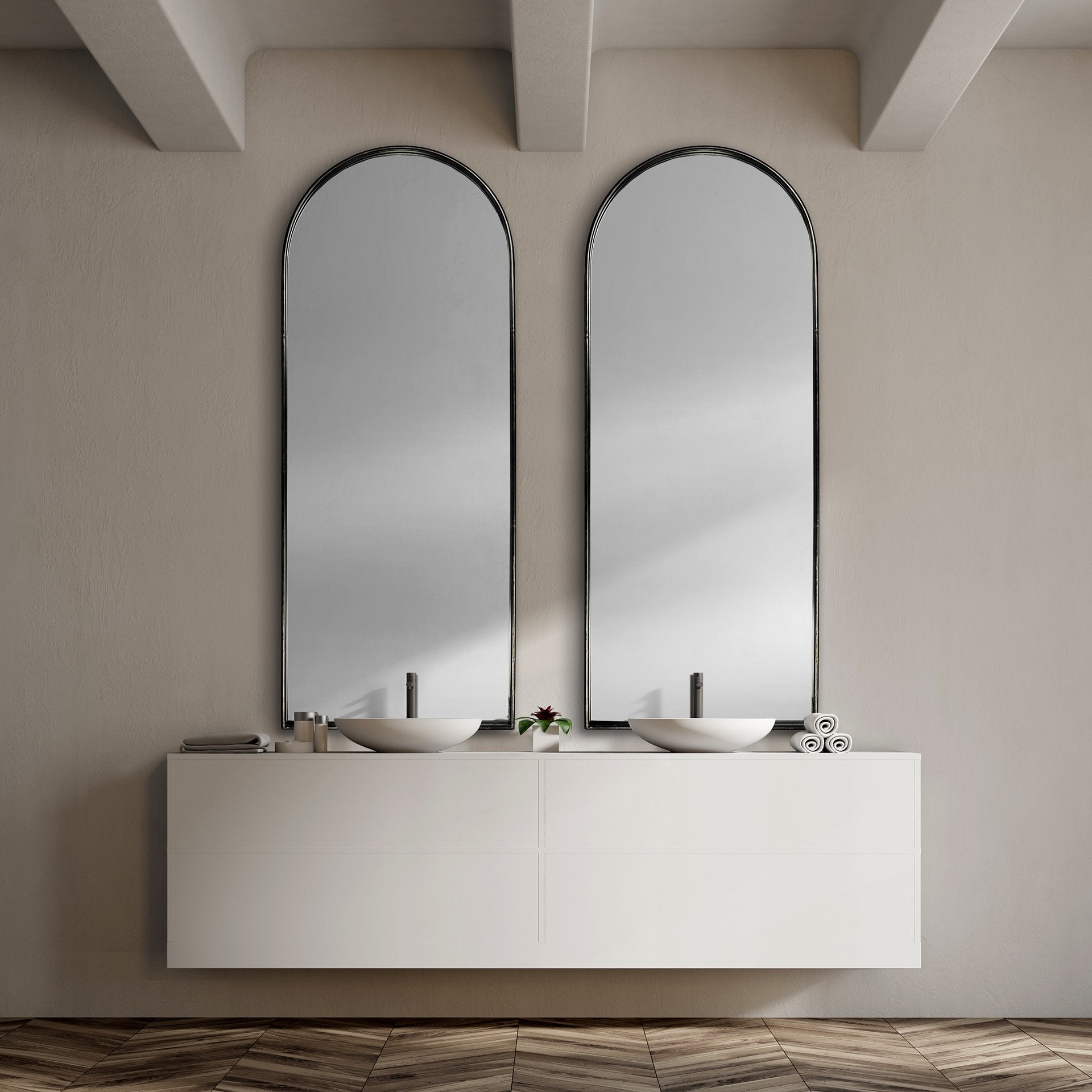 Agatha 28.0L x 2.0W x 70.0H Rounded Arch Black Metal Frame Full Length Mirror