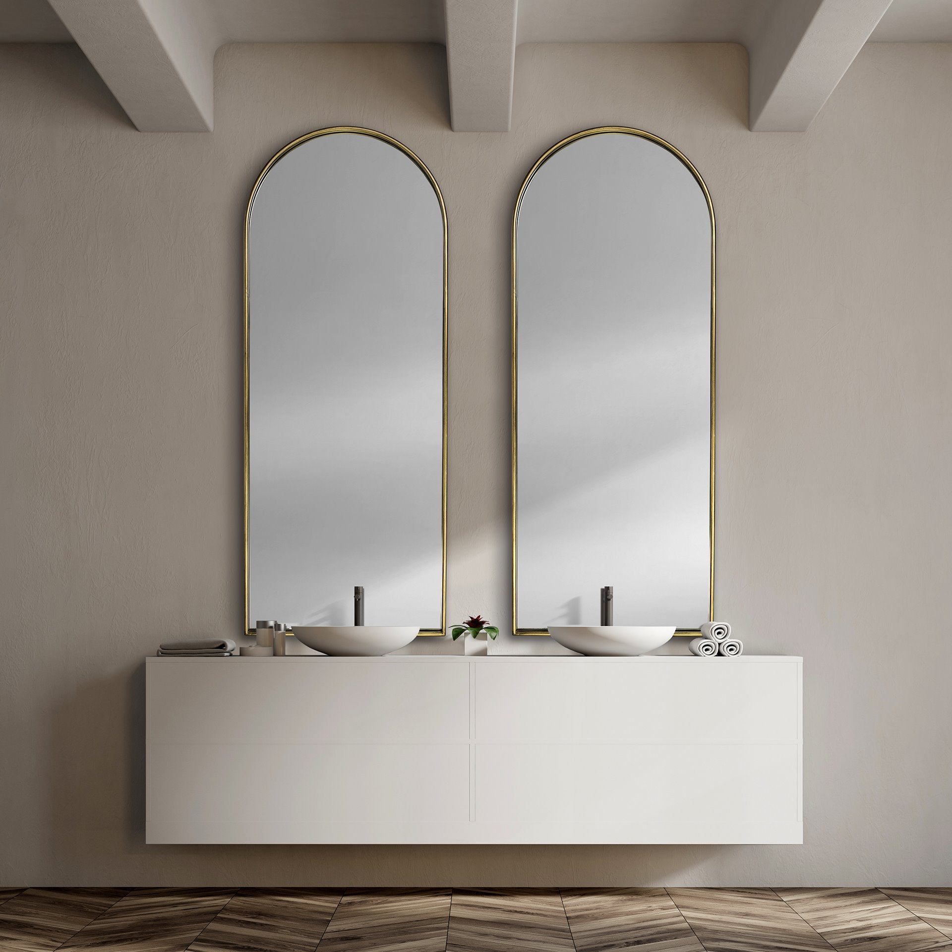 Agatha 28.0L x 2.0W x 70.0H Rounded Arch Gold Metal Frame Full Length Mirror