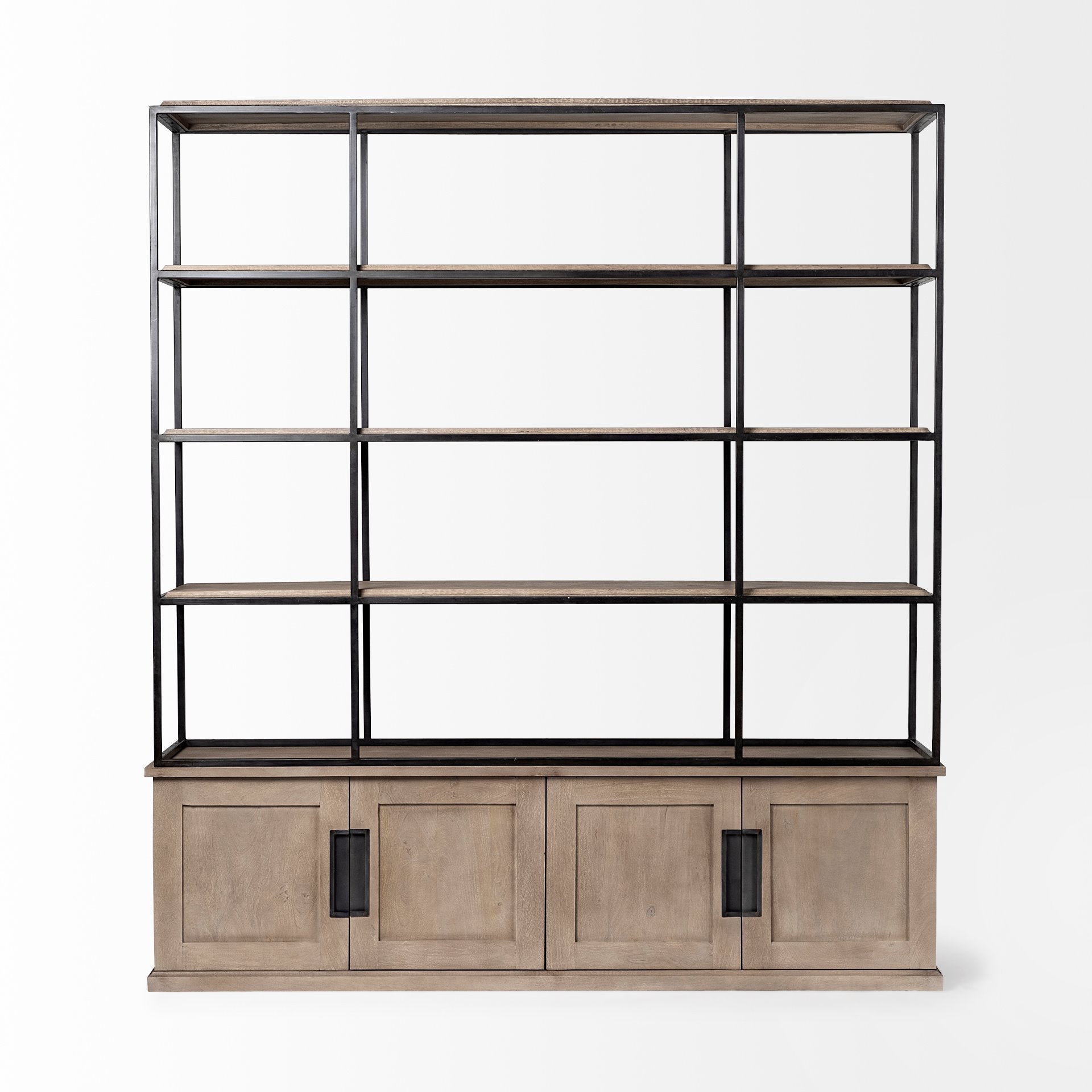 Braxton I Light Brown Wood and Iron Three Shelf Shelving Unit 81.5L x 18.5W x 90
