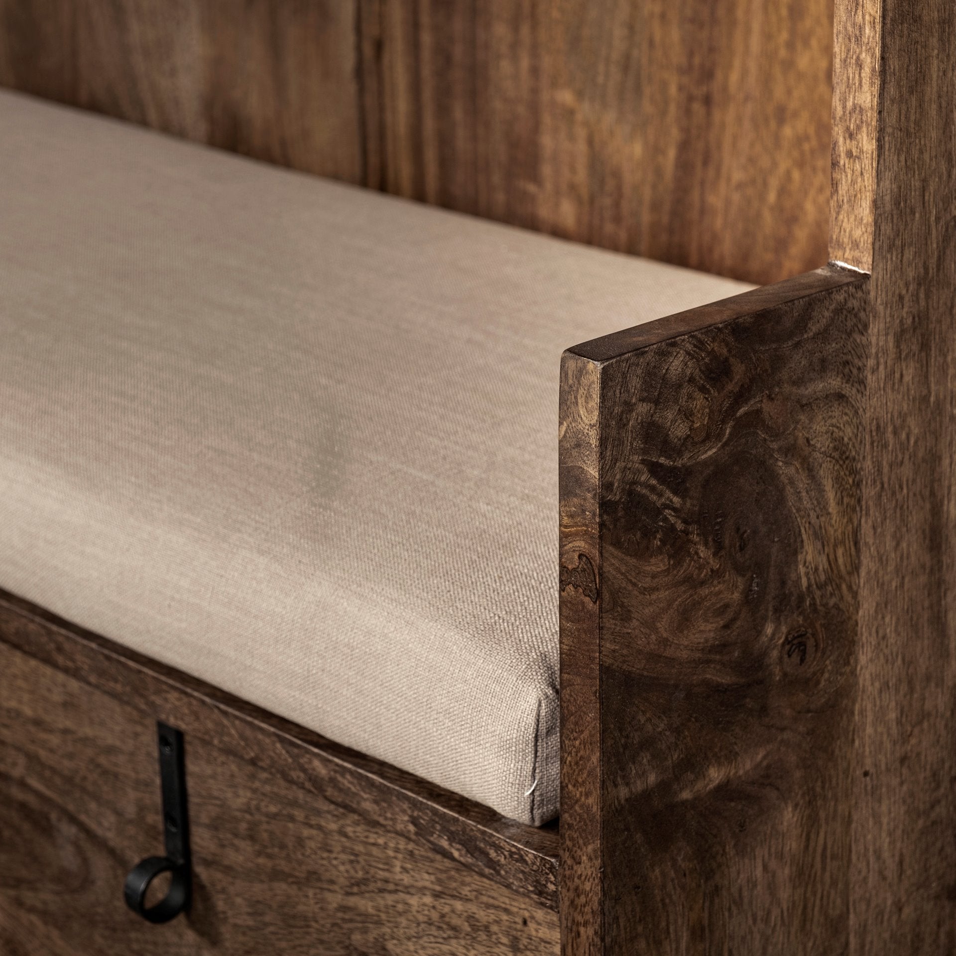 Glenn V 56L x 17W Dark Brown Wood w/ Cream Fabric Seat, 3 Drawers Hall Tree - Central Designs