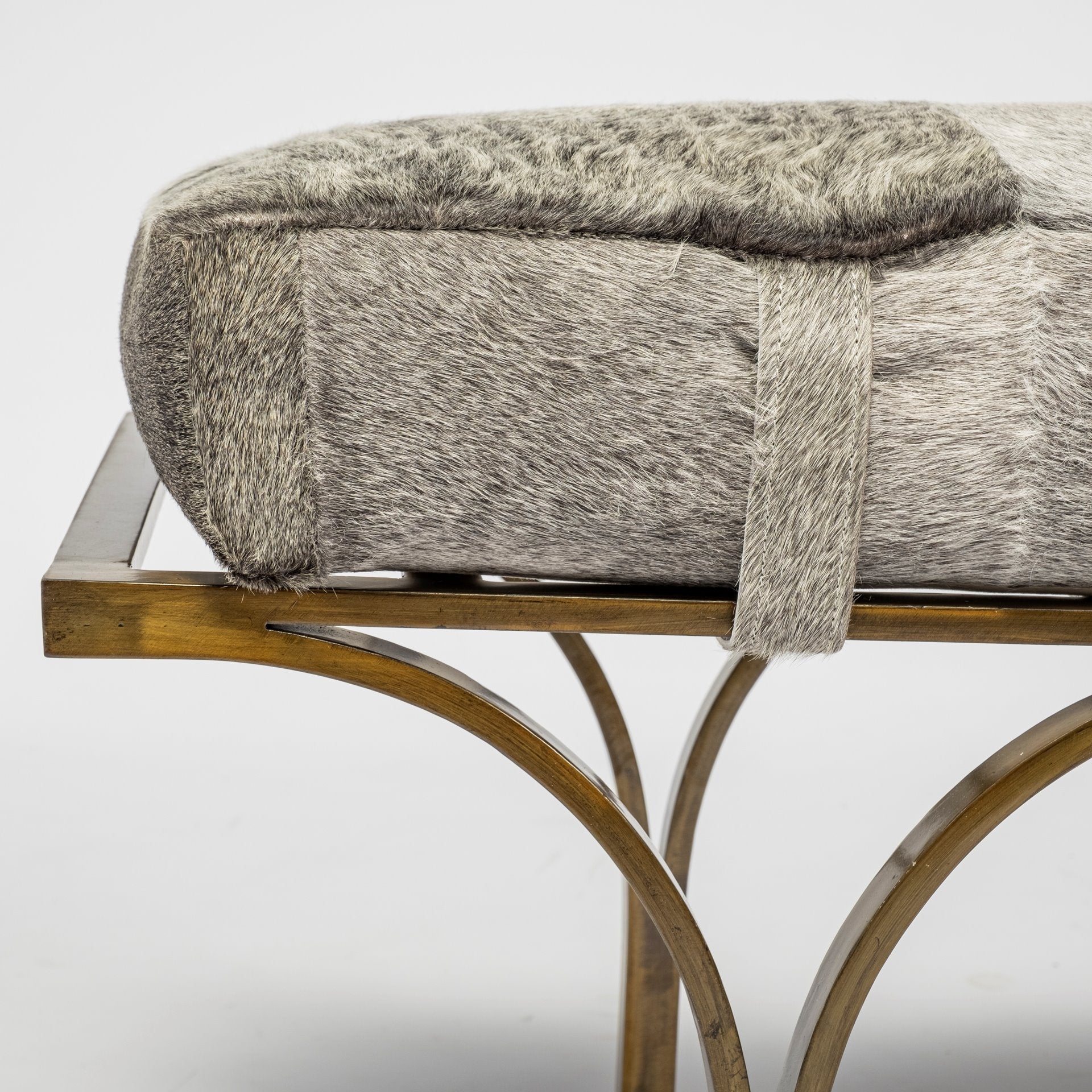 Jessie 55L x 16W White/Gray Hair - On - Hide Seat W/Gold Metal Base Accent Bench - Central Designs