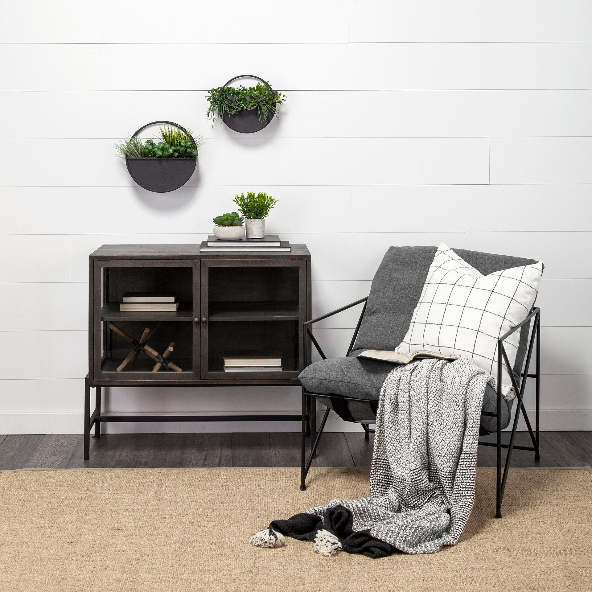Arelius 36L x 18W Black - Brown Wood, Black Metal Base w/ 2 Glass Doors Accent Cabinet - Central Designs