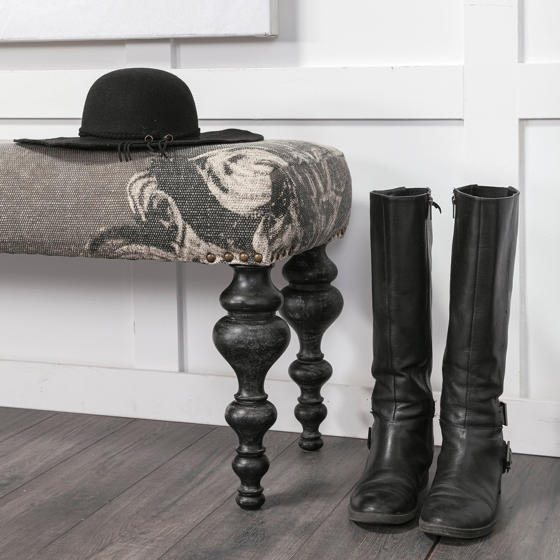 Alhambra 55L x 14W Upholstered Gray Seat W/Black Wood Legs Accent Bench - Central Designs
