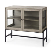 Arelius 36L x 18W x 32H Gray Wood, Black Metal Base w/ 2 Glass Doors Accent Cabinet - Central Designs