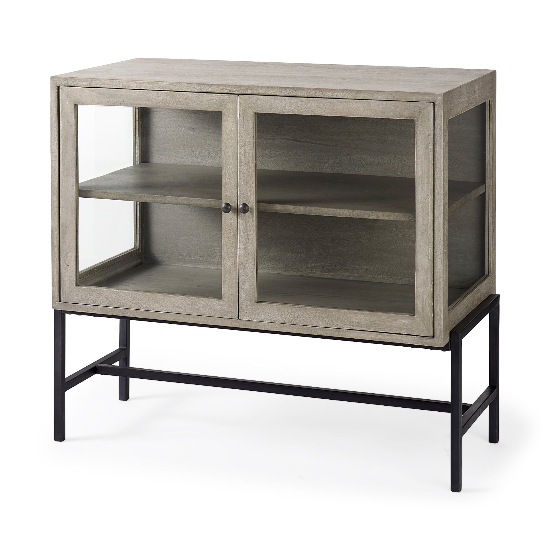 Arelius 36L x 18W x 32H Gray Wood, Black Metal Base w/ 2 Glass Doors Accent Cabinet - Central Designs