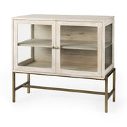 Arelius 36L x 18W x 32H White Wood, Gold Metal Base w/ 2 Glass Doors Accent Cabinet - Central Designs