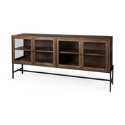 Arelius 70L x 18W x 32H Medium Brown, Black Metal Base w/ 4 Glass Door Cabinets Sideboard - Central Designs