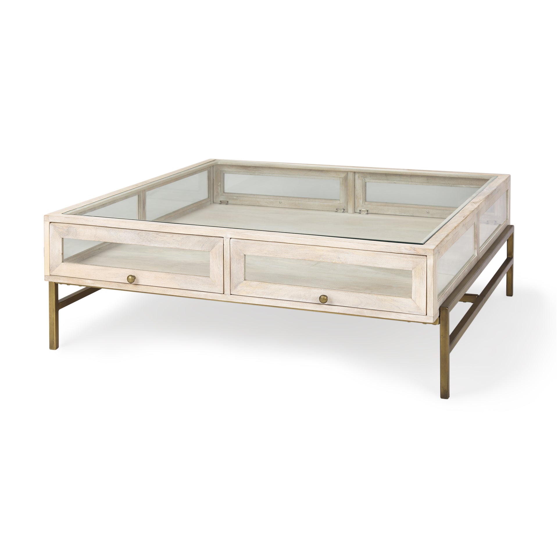 Arelius 42L x 42W x 15H White Wood W/ Gold Metal Base Square Display Coffee Table - Central Designs