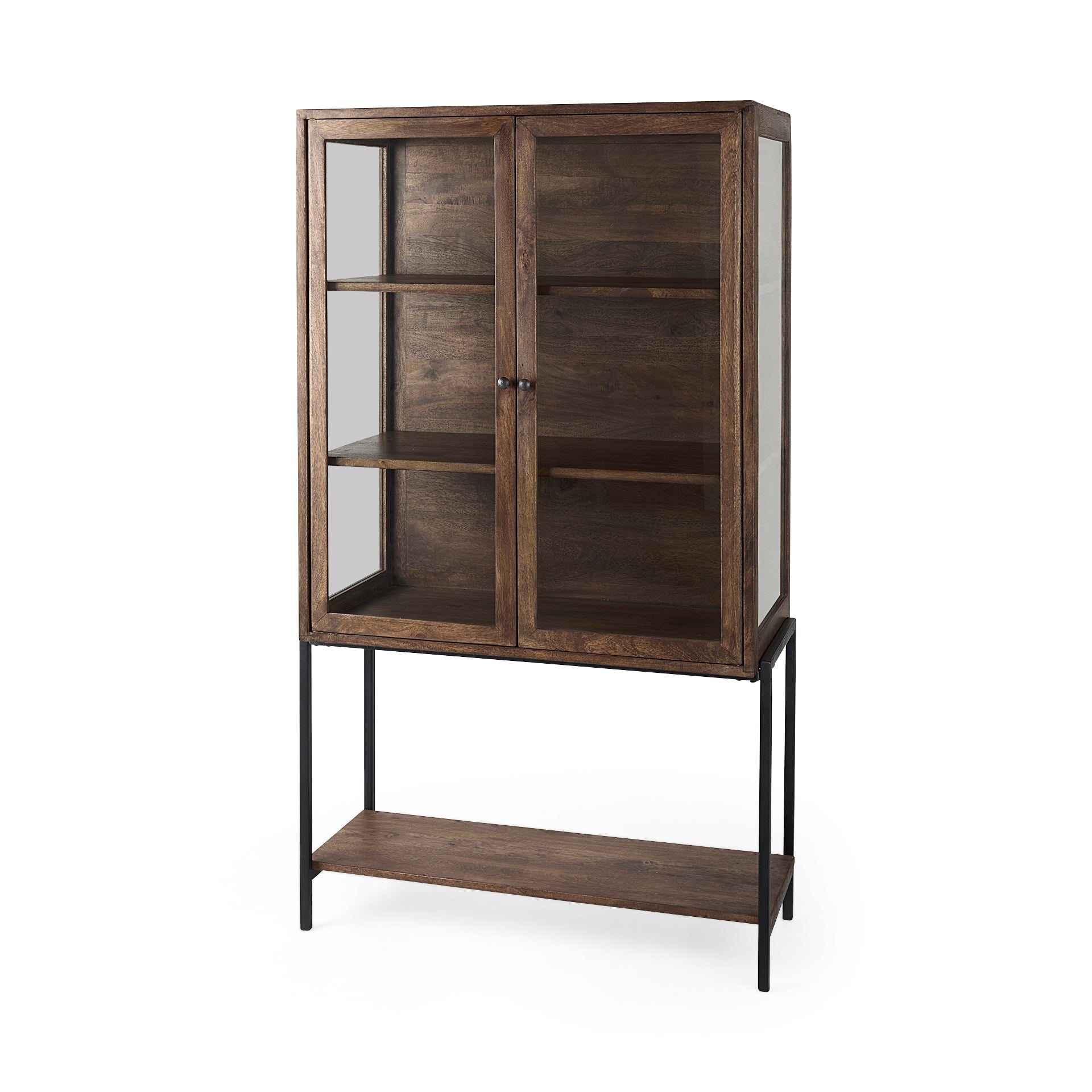 Arelius 36L x 18W x 63H Medium Brown Wood W/ Black Metal Base Display Cabinet - Central Designs