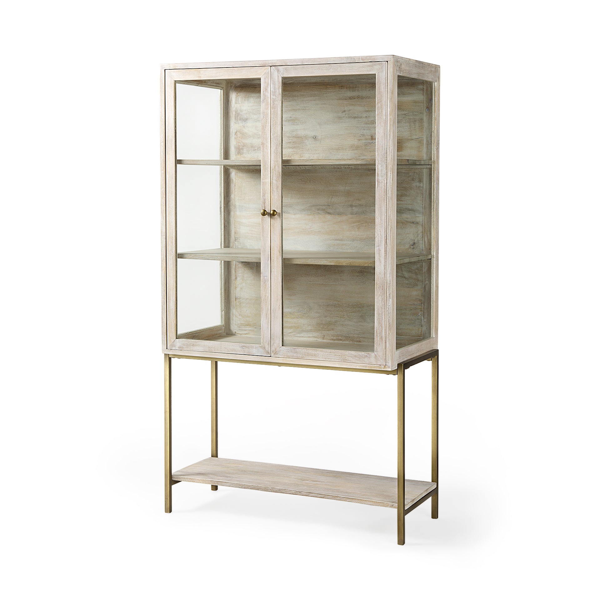 Arelius 36L x 18.75W x 63H White Wood W/ Gold Metal Base Display Cabinet - Central Designs