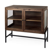 Arelius 36L x 18W x 32H Medium Brown Wood, Black Metal Base w/ 2 Glass Doors Accent Cabinet