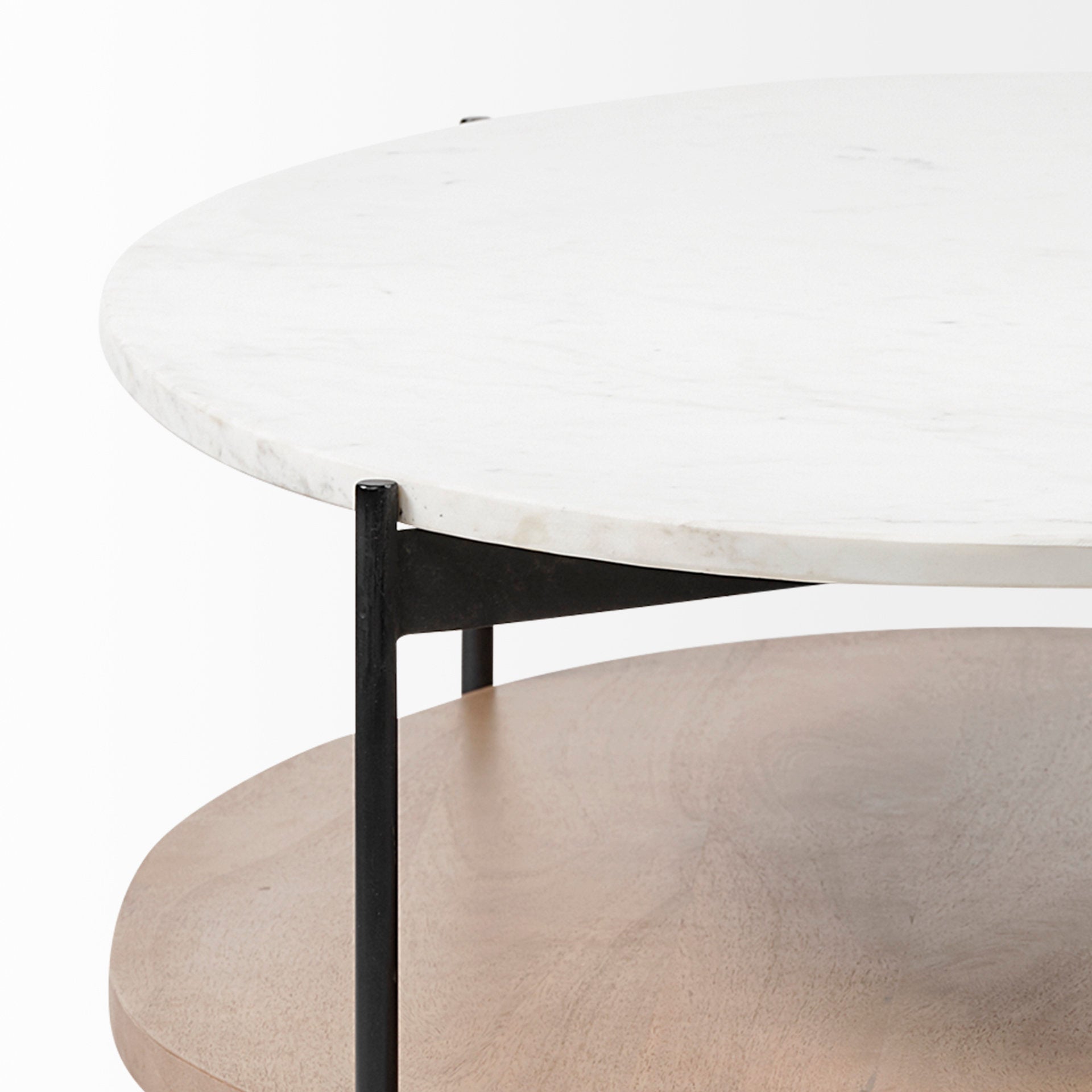 Larkin 48" Oval White Marble Top and Solid Wood Shelf w/ Black Metal Frame Coffee Table - Central Designs