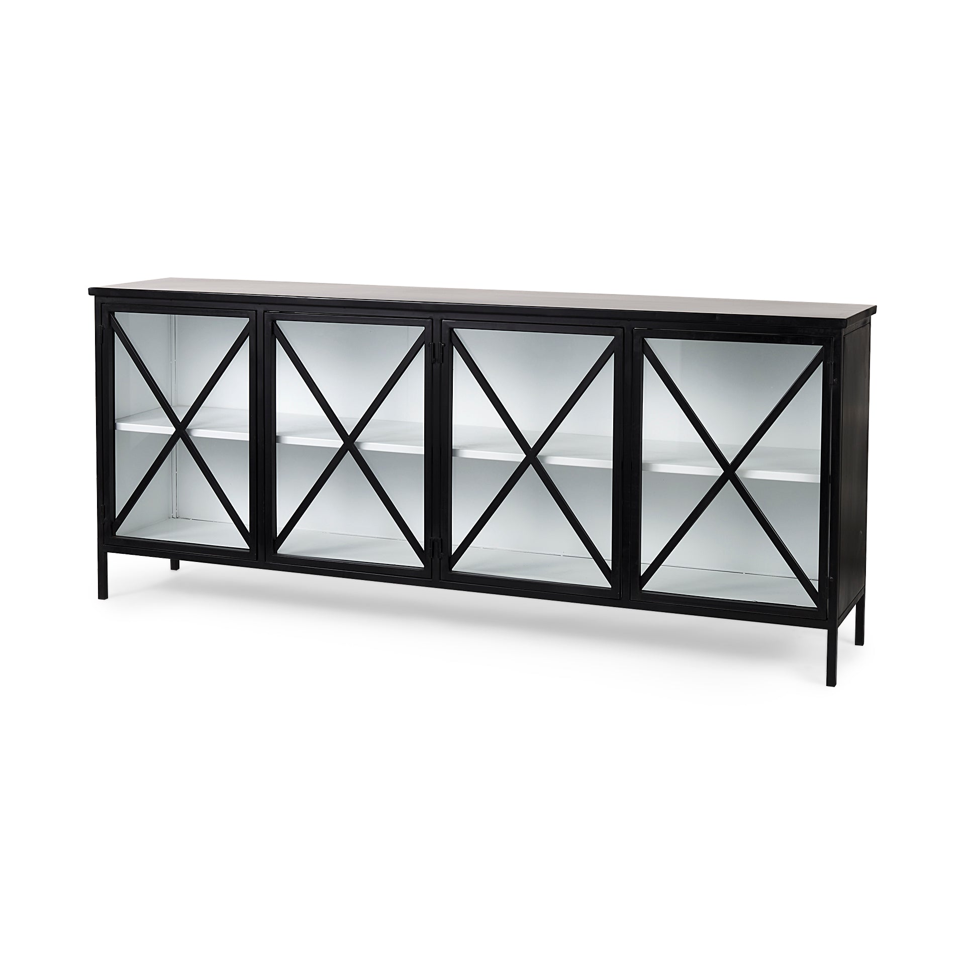 Aurelia 79.0L x 16.0W x 33.0H Black and White Metal Four Door Glass Cabinet - Central Designs