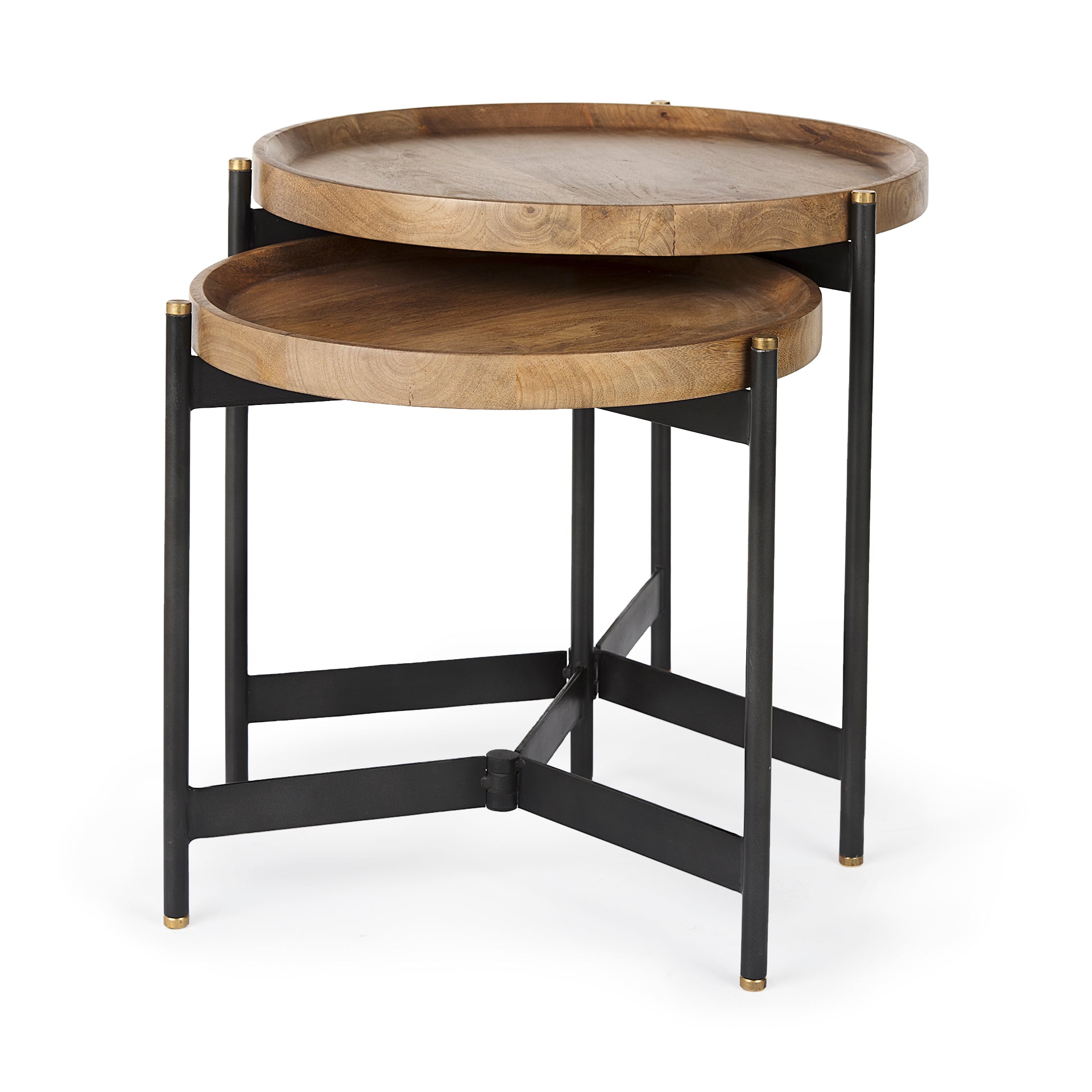 Marquisa (Set of 2) 22.5L x 22.5W x 20.8H Light Brown Wood W/ Black Metal Base Nesting Side Tables - Central Designs