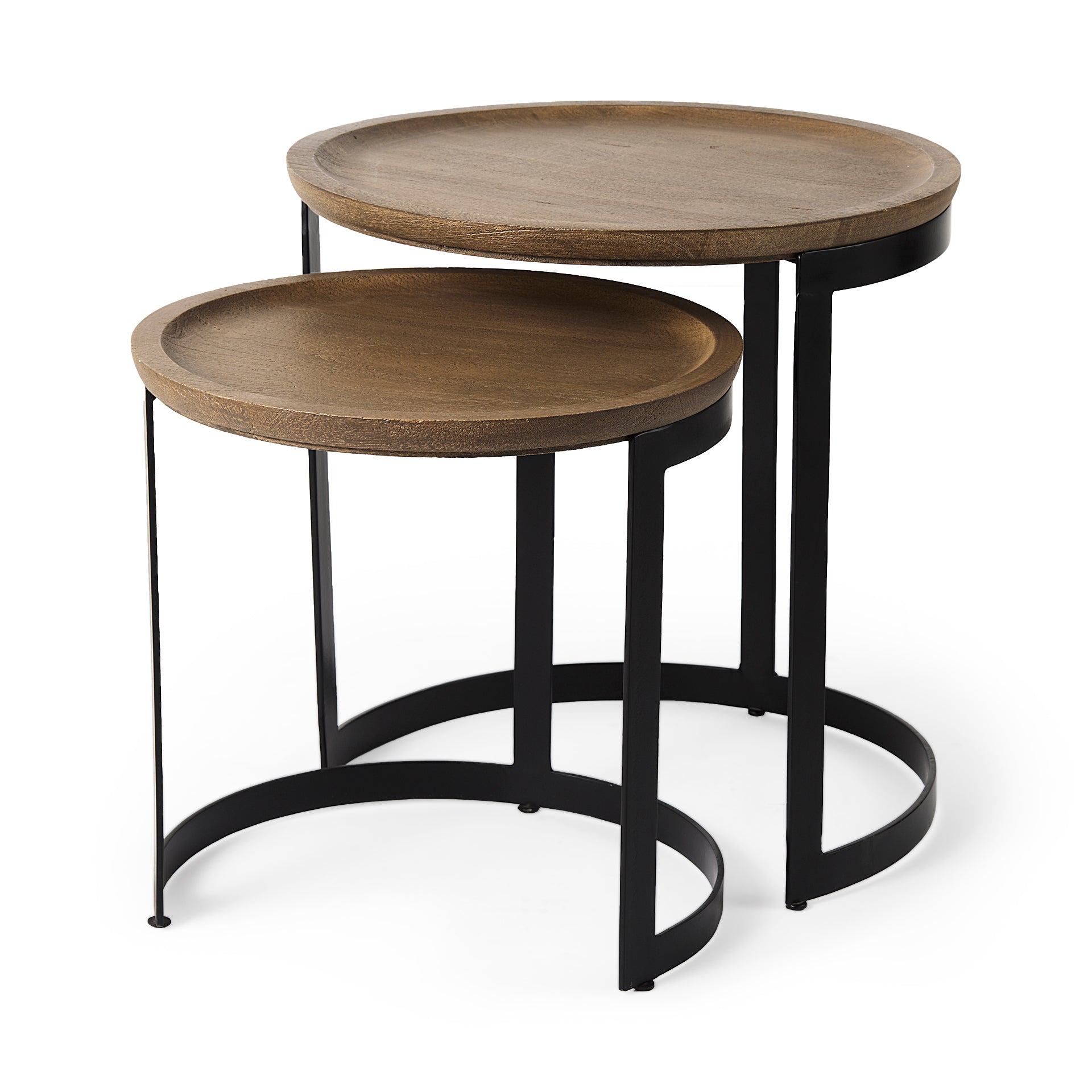 Aisley (Set of 2) 19.3L x 19.3W x 19H Light Brown Wood W/ Black Metal Base Round Nesting Side Tables - Central Designs