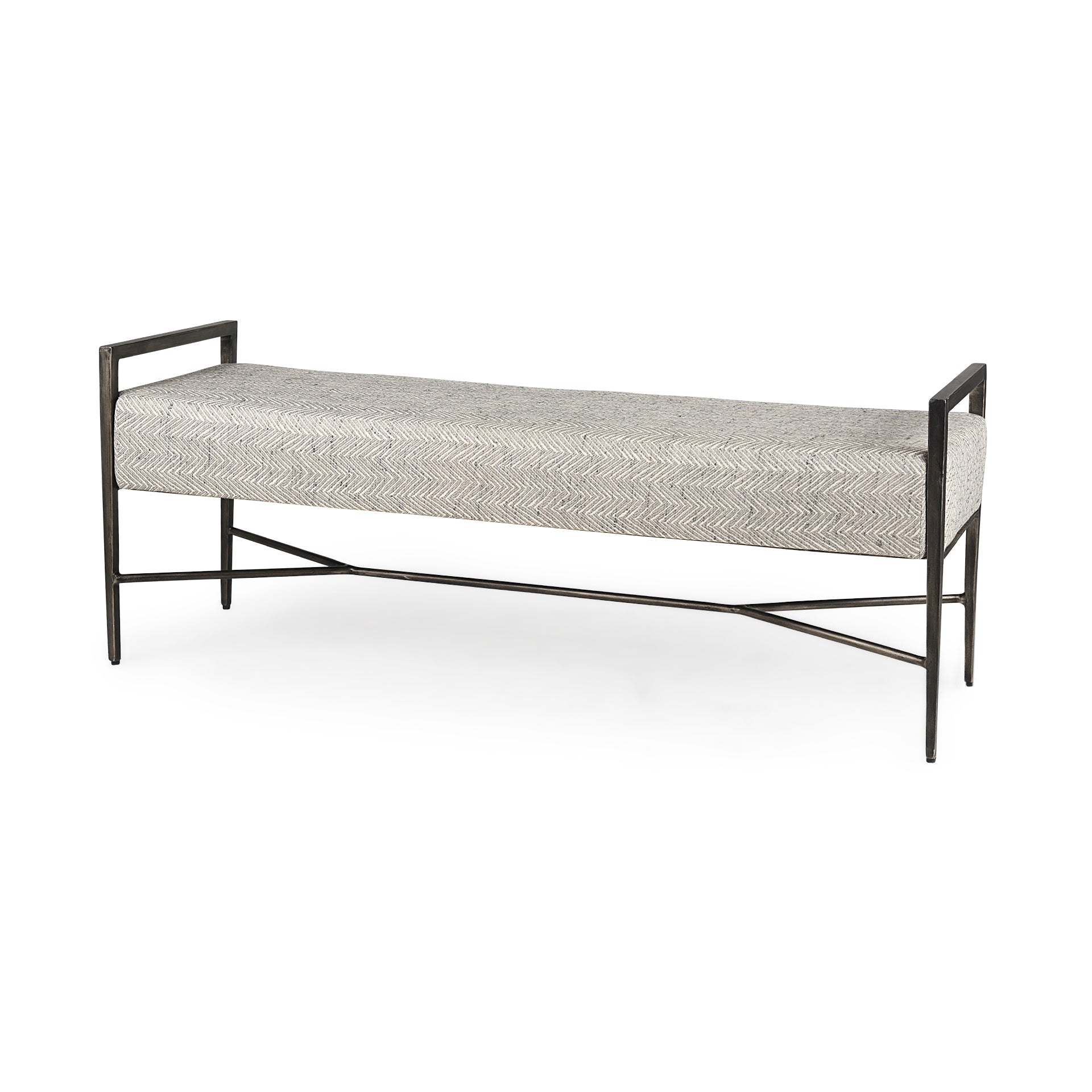 Charlotte 55.0L Gray Herringbone Fabric Seat w/ Antique Nickel Metal Frame Bench - Central Designs