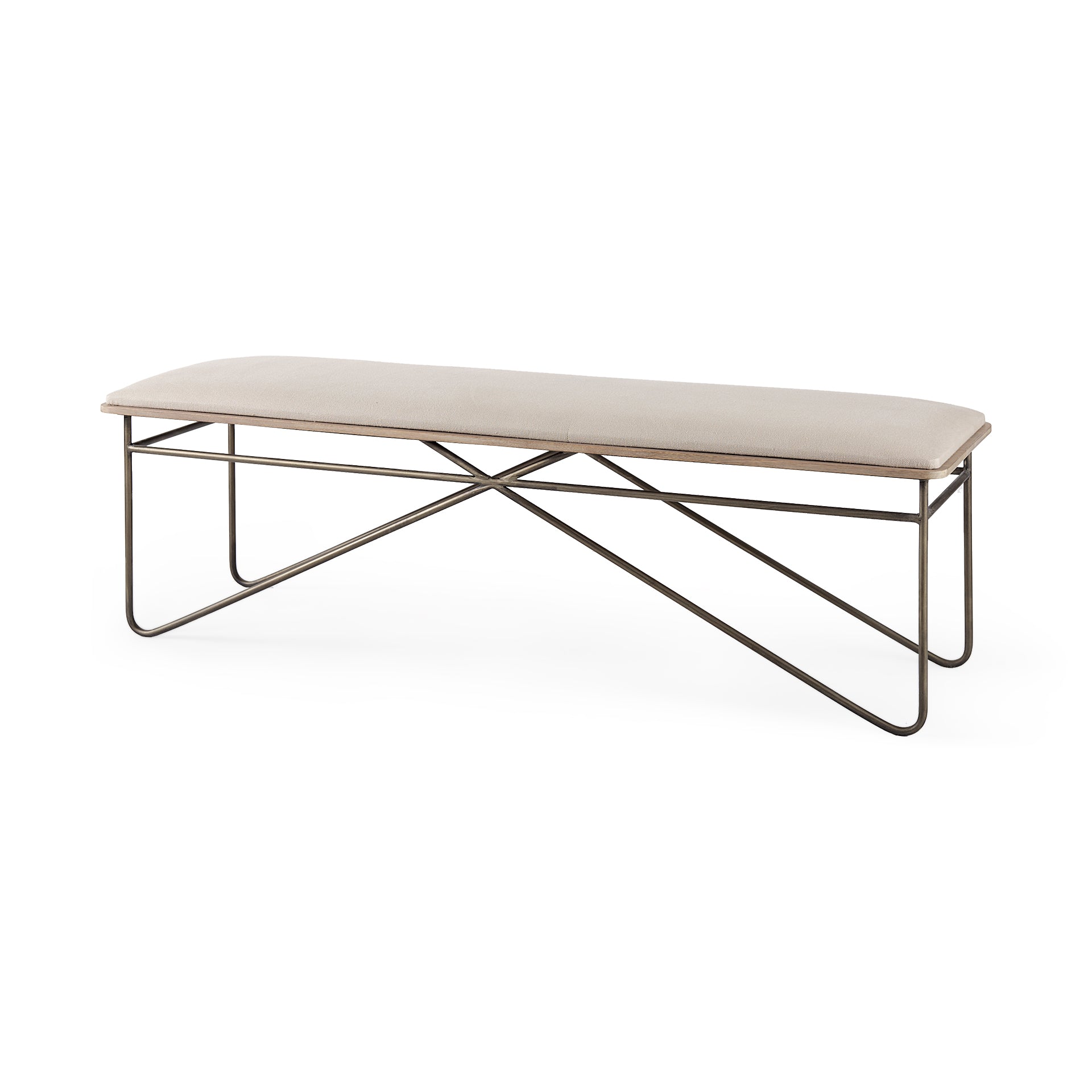 Camille 55.5L x 16.0W x 17.0H Cream Fabric Seat W/ Metal Frame Bench - Central Designs