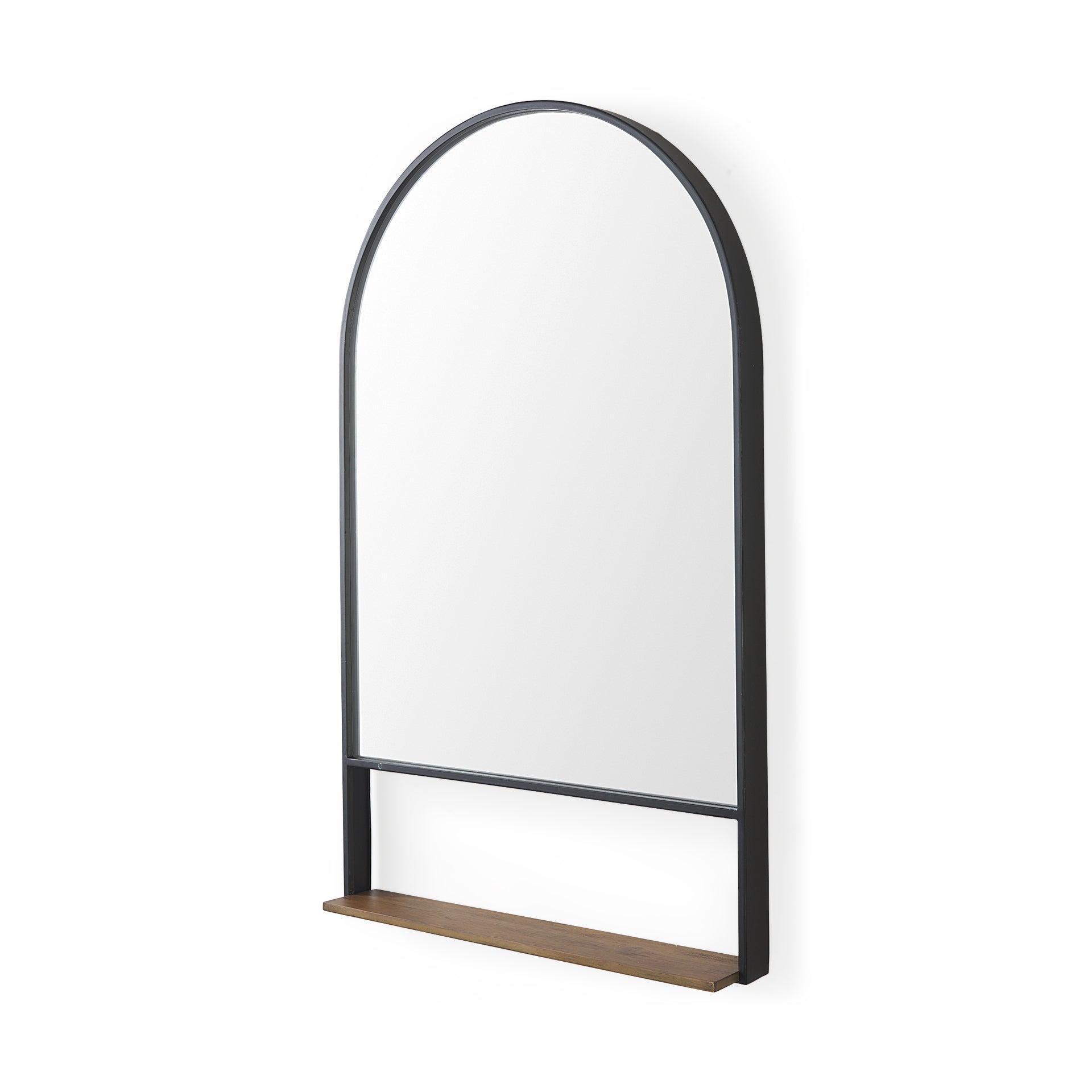 Cora 24.0L x 3.9W x 40.0H Black Metal Frame W/ Brown Wooden Shelf Arched Wall Mirror - Central Designs