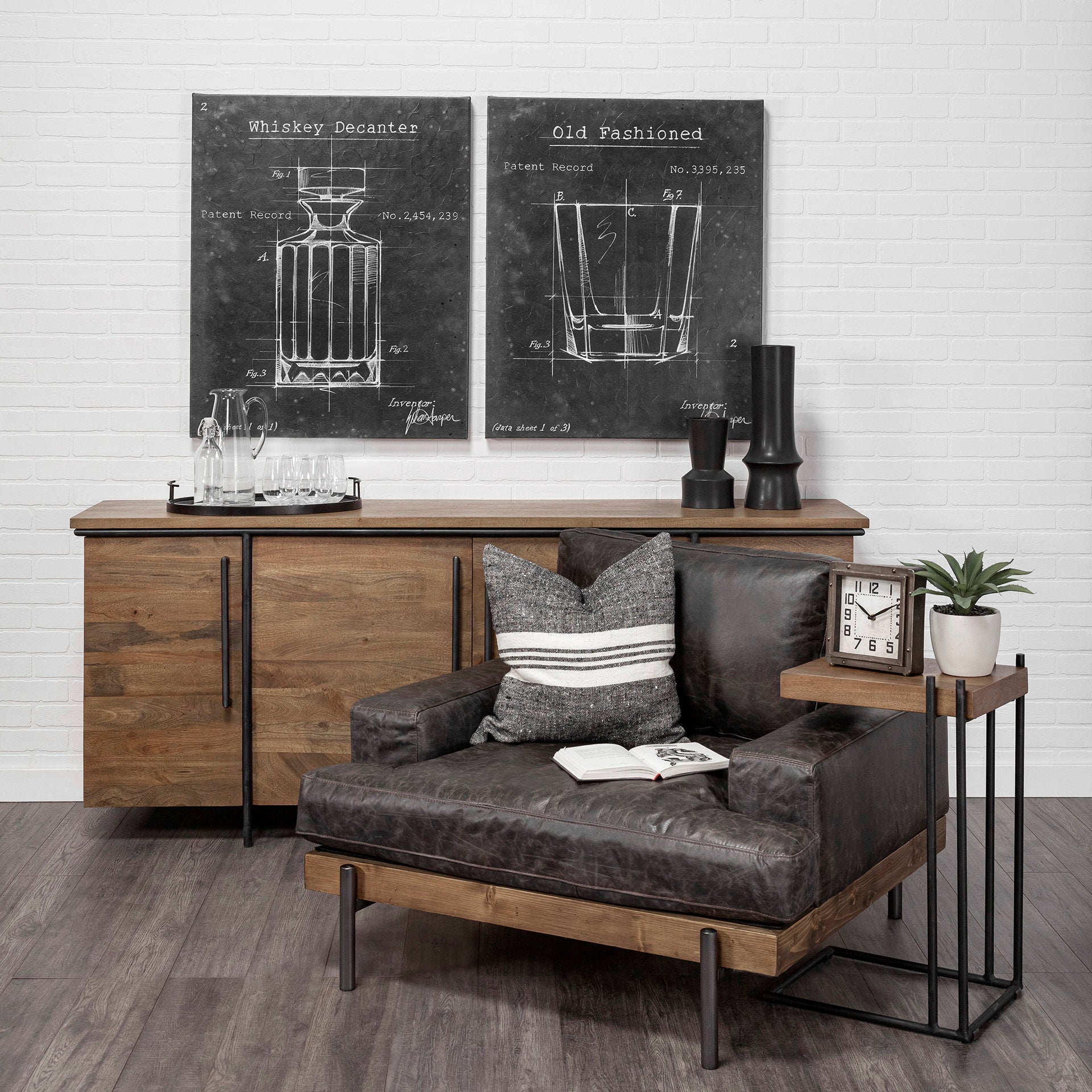 Maddox 16L x 13.5W x 27H Medium Brown Wood w/ Black Metal C-shaped End/Side Table