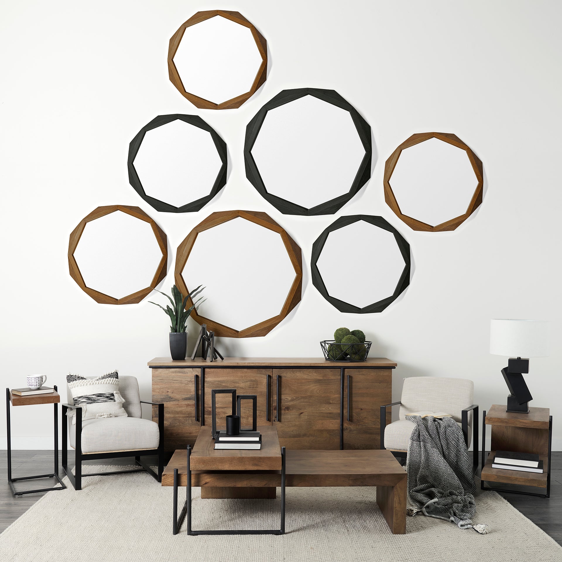 Maddox Set of 2 Brown Solid Wood Top Black Metal Base Nesting Coffee Tables