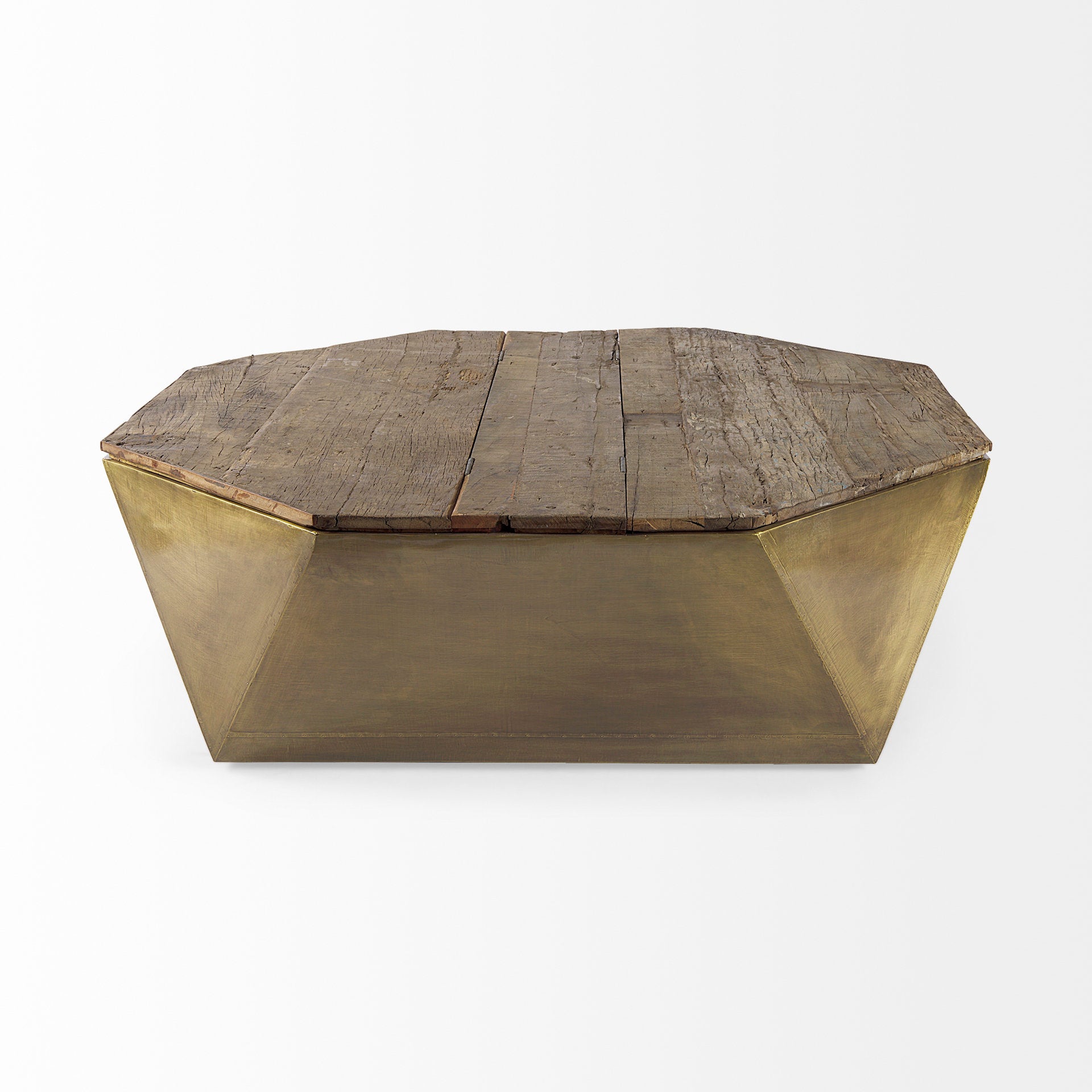 Esagono Octagonal Gold Metal - Clad Reclaimed Wood Coffee Table w/ Storage - Central Designs