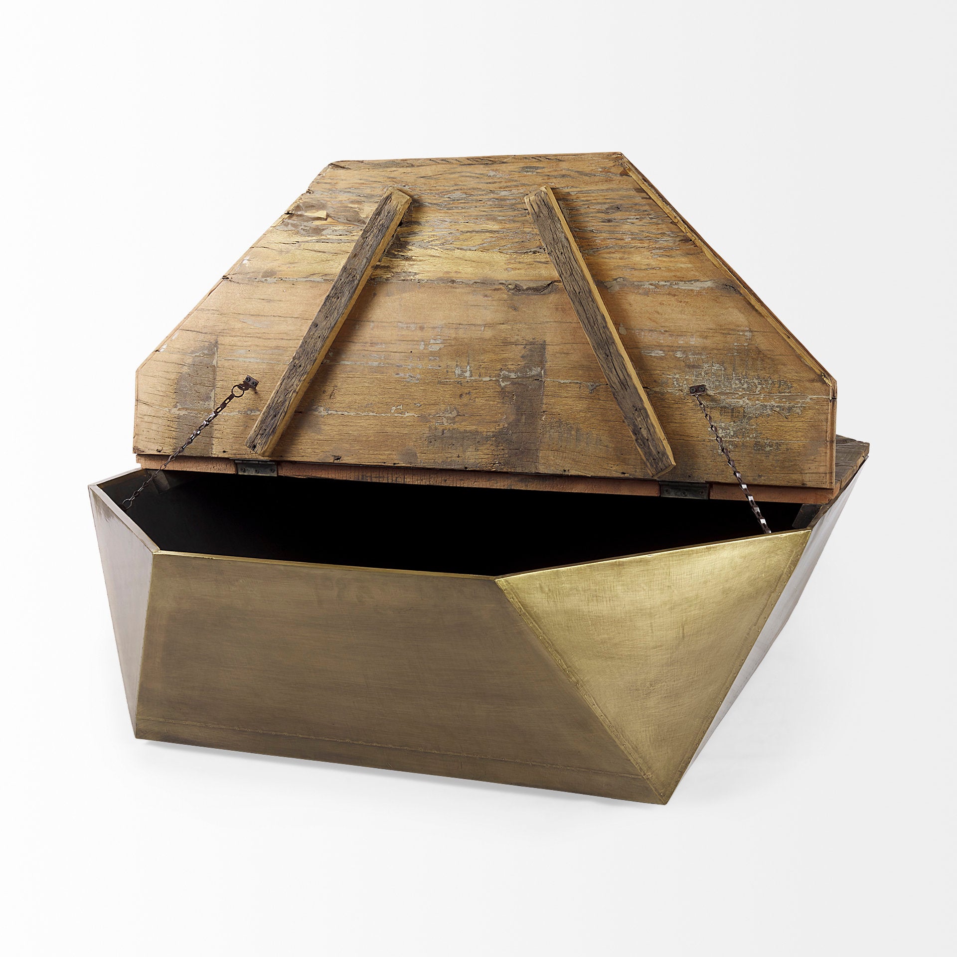 Esagono Octagonal Gold Metal - Clad Reclaimed Wood Coffee Table w/ Storage - Central Designs