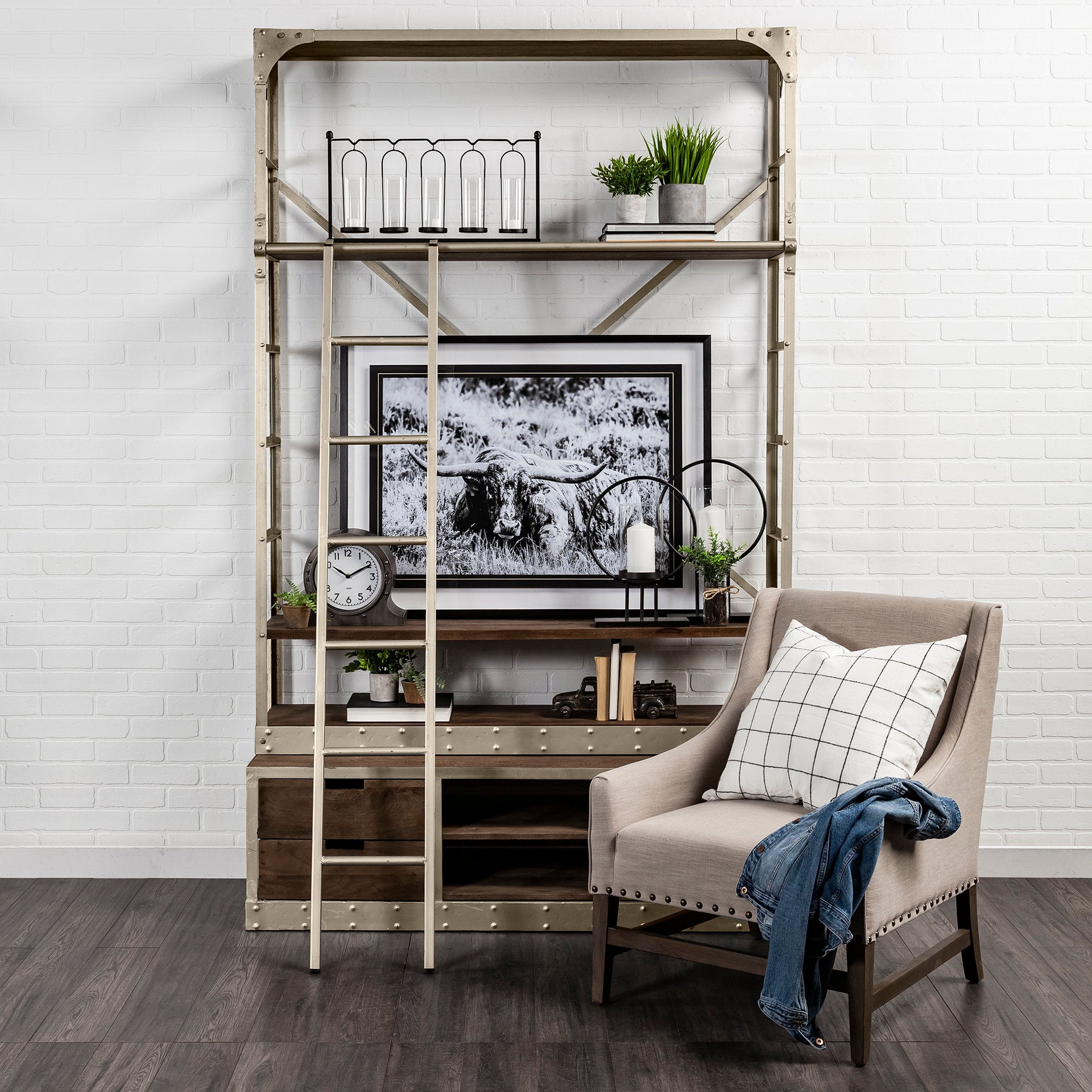 Brodie VI 57L x 20.5W x 94H Light Brown Wood Nickle Ladder Four Shelf Shelving Unit